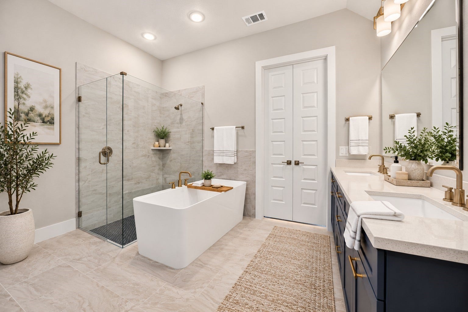 16270 Blue Mistflower Lane, Hockley, TX 77447 Primary Bathroom: Indulge in the spa-inspired primary bathroom featuring a freestanding soaking tub, glass-enclosed walk-in shower, dual vanities, and elegant finishes.