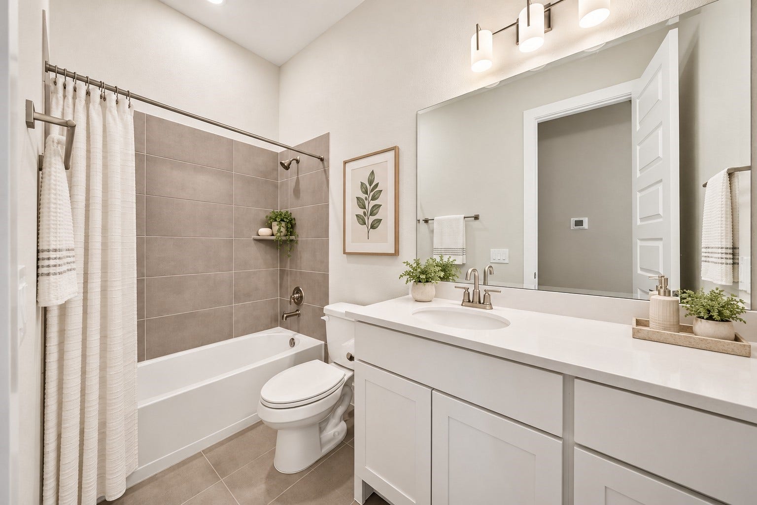 16270 Blue Mistflower Lane, Hockley, TX 77447 Secondary Bathroom: Beautifully appointed bathroom featuring a sleek white vanity, contemporary fixtures, and a tub/shower combination with modern tile surround.