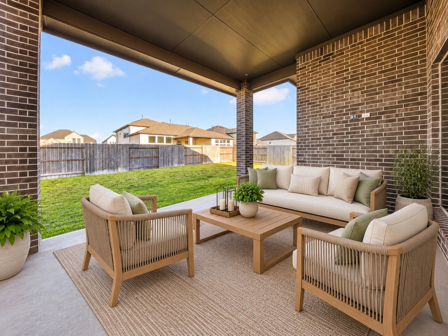 16270 Blue Mistflower Lane, Hockley, TX 77447 Covered Patio Backyard View: Enjoy covered outdoor living overlooking the grassy, fenced backyard, with space for comfortable seating and relaxation.
