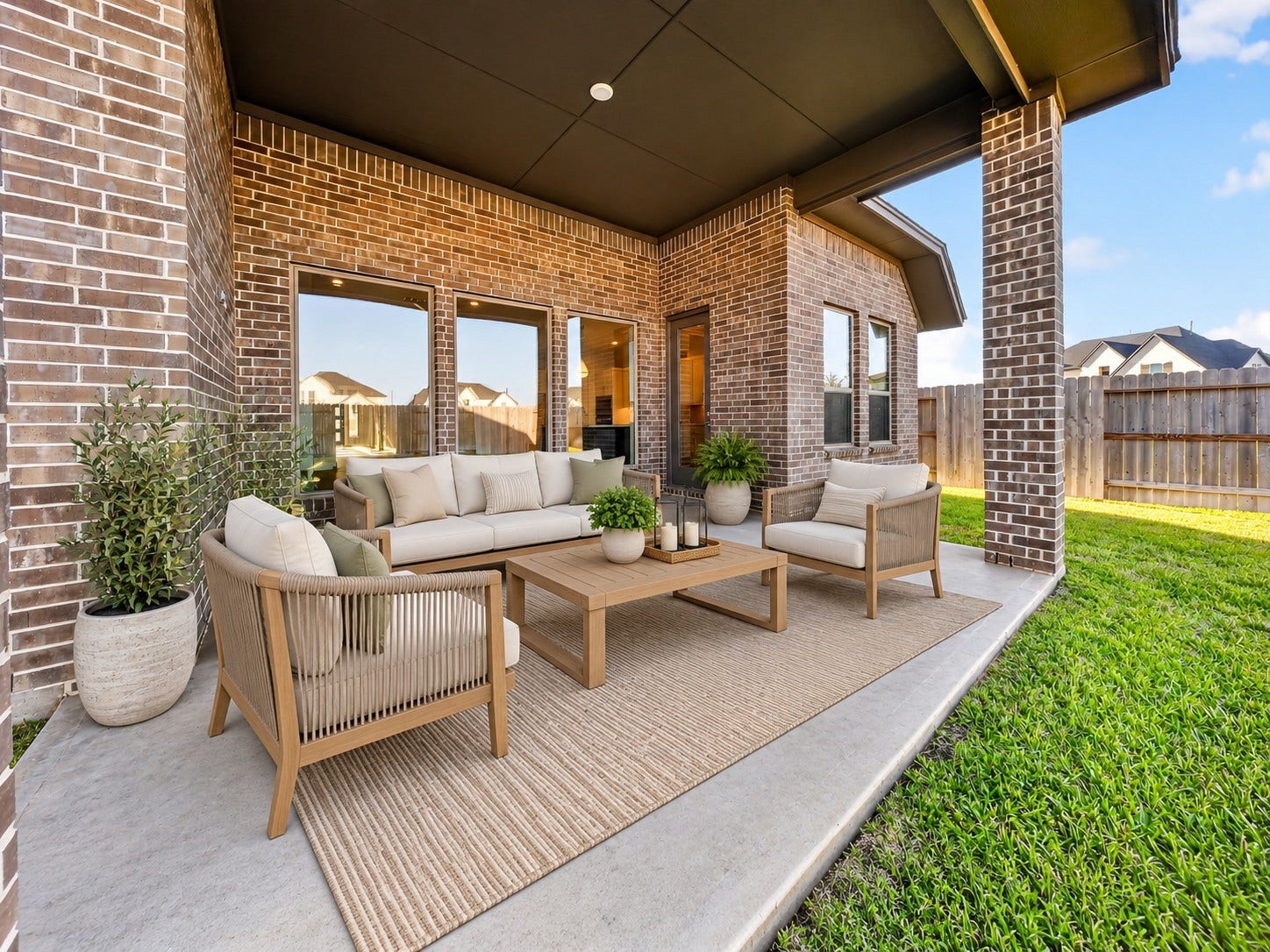 16270 Blue Mistflower Lane, Hockley, TX 77447 Covered Backyard Patio: Spacious covered patio with attractive brick detailing and plenty of room to create an inviting outdoor entertaining retreat.