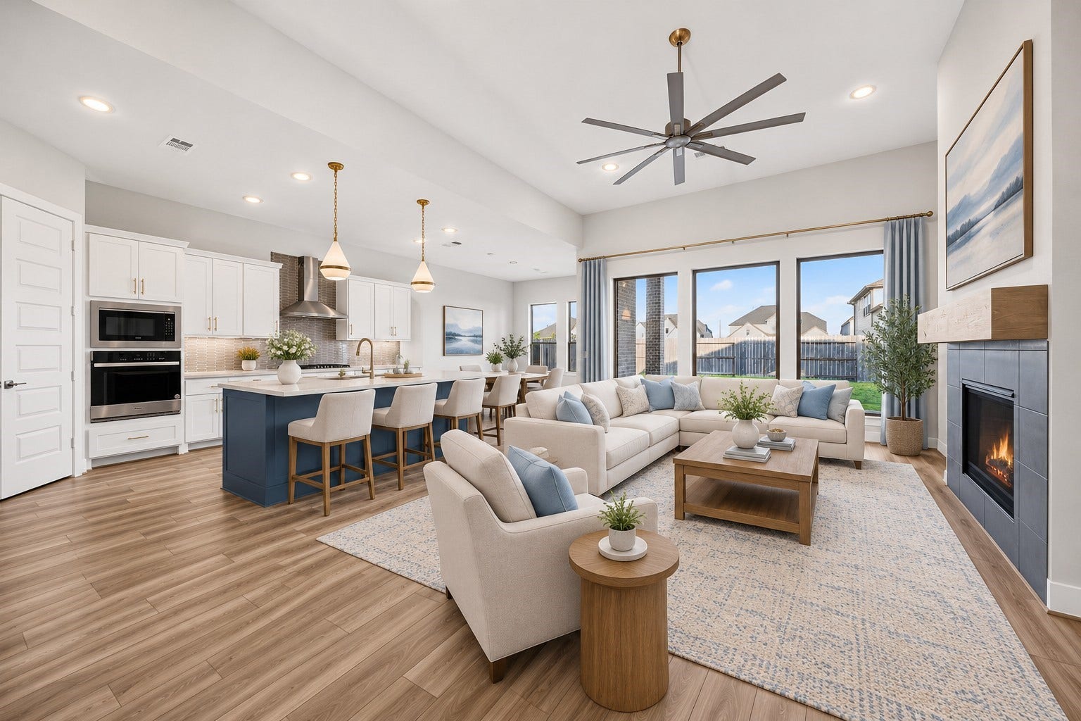16270 Blue Mistflower Lane, Hockley, TX 77447 Spacious Living Room & Kitchen: Soaring ceilings, expansive windows, and a striking fireplace create an inviting living space that flows effortlessly into the gourmet kitchen and dining areaideal for everyday living and entertaining.