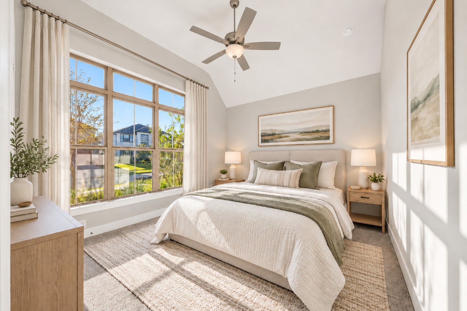 16270 Blue Mistflower Lane, Hockley, TX 77447 Secondary Bedroom: Sun-filled bedroom showcasing an expansive wall of windows, elevated ceilings, and an inviting layout with abundant natural light.