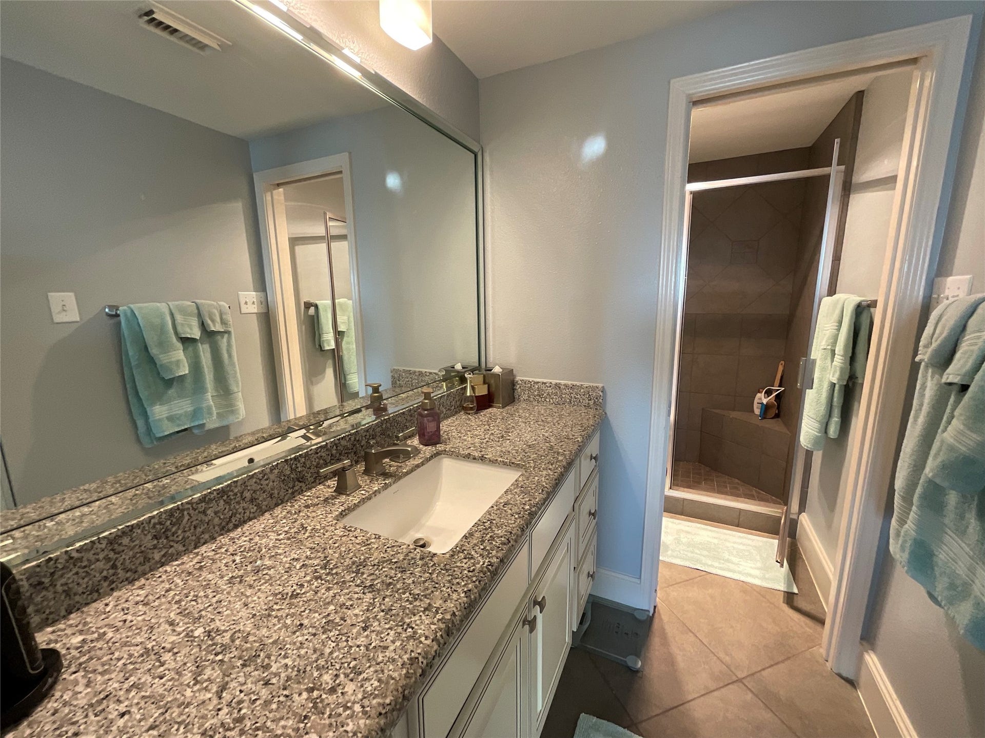 Primary bathroom with second large mirrored clothes closet.