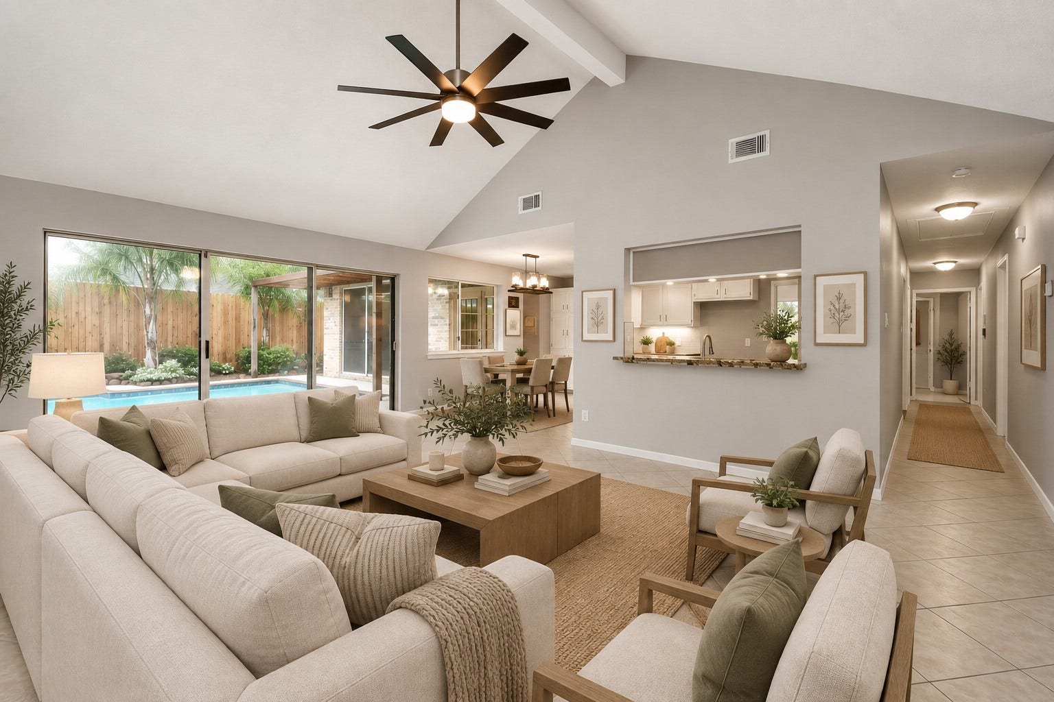 Virtually staged family room demonstrates the scale of this vaulted space and its flexibility for a large, comfortable seating arrangement.