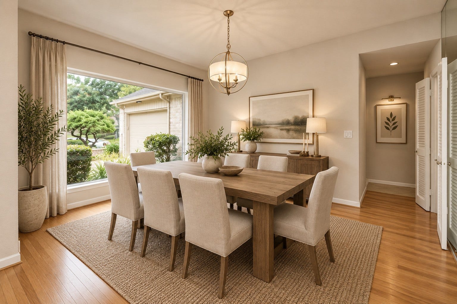 Virtually staged dining room just off the entry features wood floors and an impressive seamless picture window framing views of the front garden.