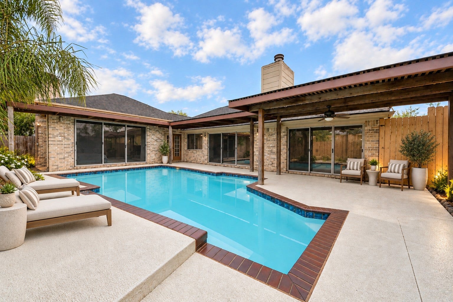 Virtually staged pool area has plenty of space for various seating arrangements. An inviting setting for effortless entertaining with family and friends.