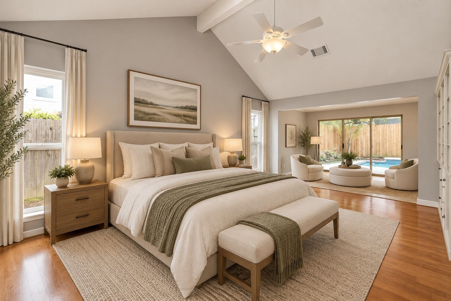 Virtually staged primary suite showcases the rooms impressive size and adjacent flex space, creating a private sitting area with beautiful pool views.
