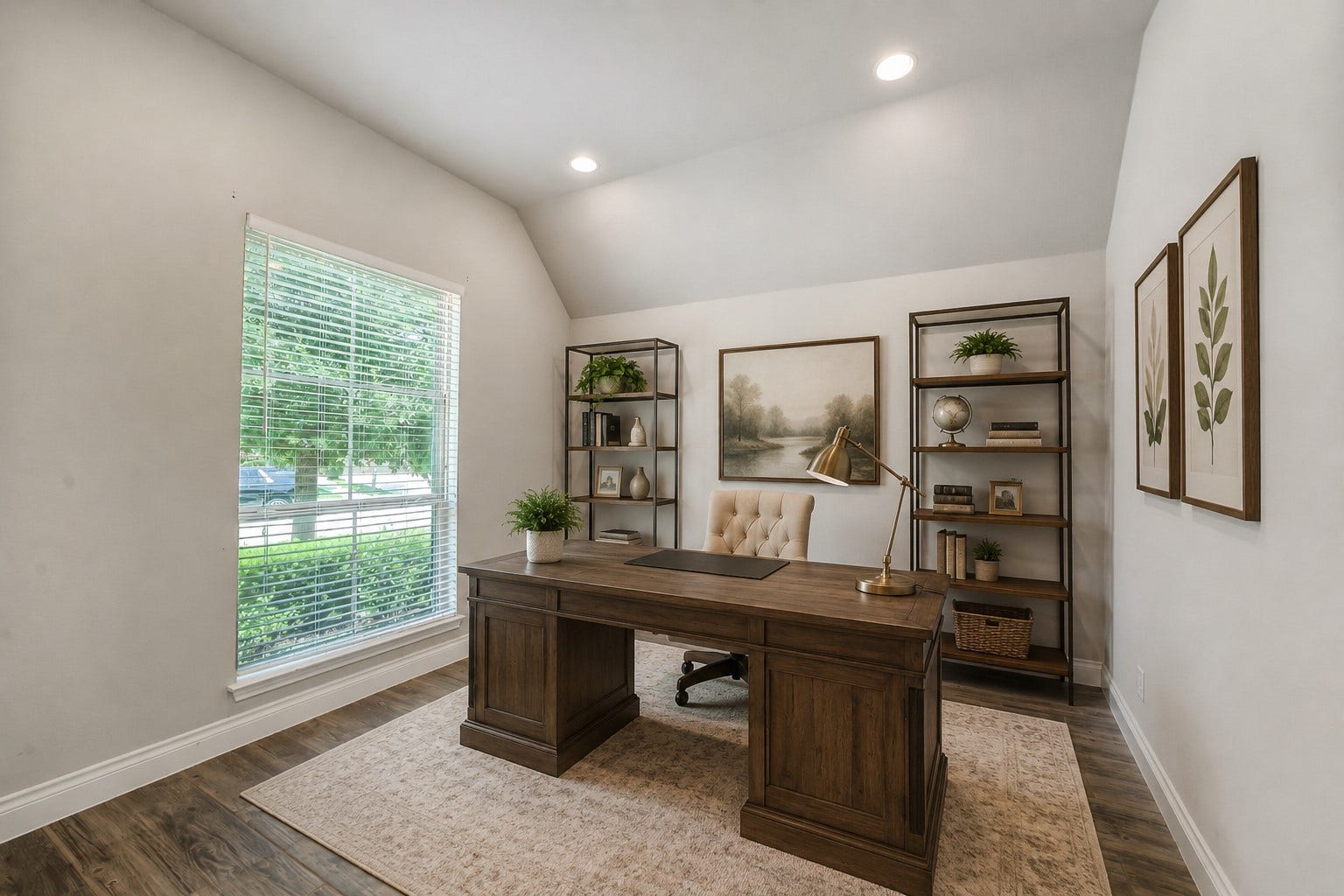 16818 Headwaters Forest Drive, Humble, TX 77346 Virtually staged home office showcasing a polished workspace with warm wood tones, shelving, and natural light.