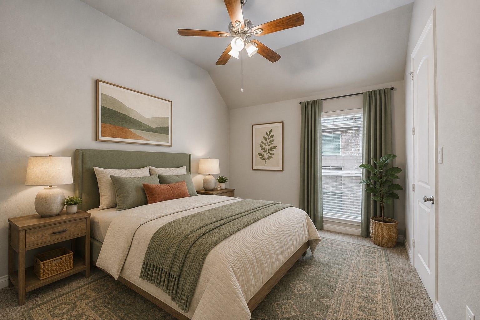16818 Headwaters Forest Drive, Humble, TX 77346 Virtually staged secondary bedroom featuring sage accents, warm wood tones, and a fresh modern guest-room feel.