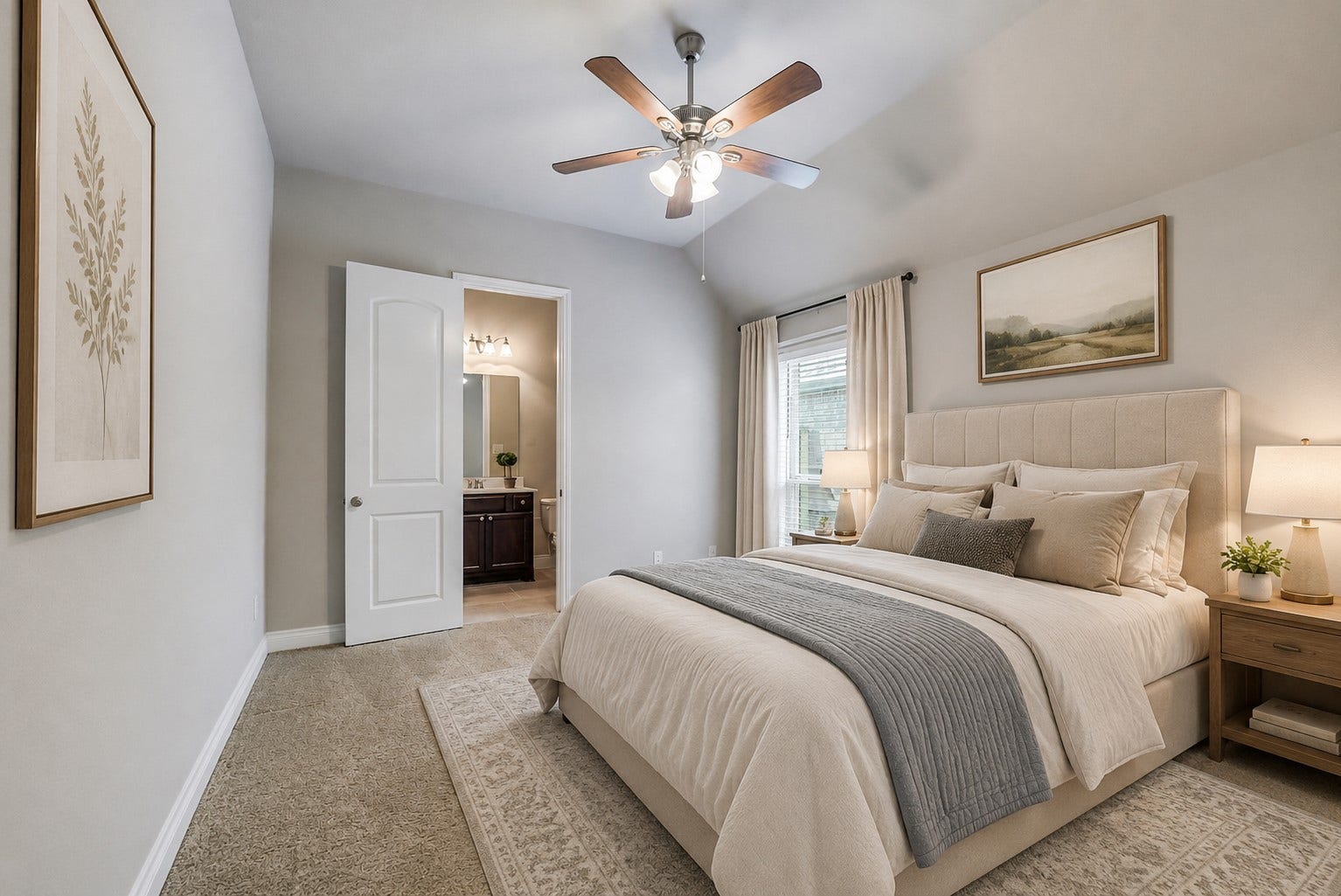 16818 Headwaters Forest Drive, Humble, TX 77346 Virtually staged secondary bedroom highlighting a cozy layout, soft neutral finishes, and convenient bathroom access.