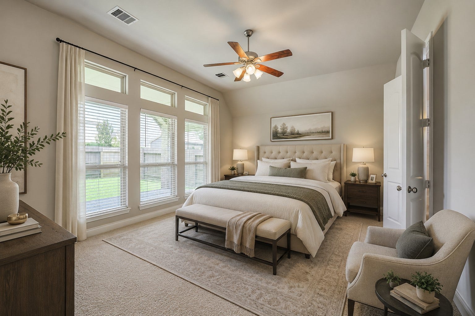 16818 Headwaters Forest Drive, Humble, TX 77346 Virtually staged primary bedroom showcasing a serene retreat with layered bedding, window treatments, and a cozy seating area.