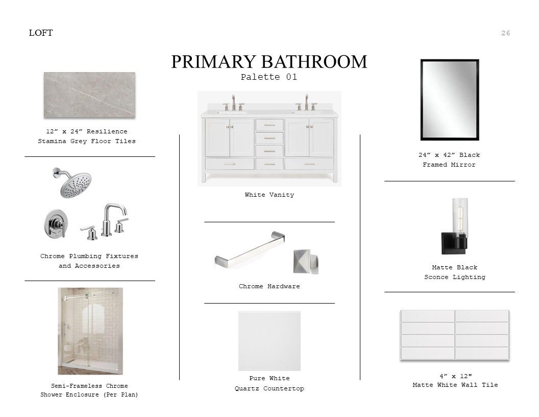 Loft Look Palette 1: Primary Bathroom Selection Sheet (*Artist rendering used for illustration purposes only.)