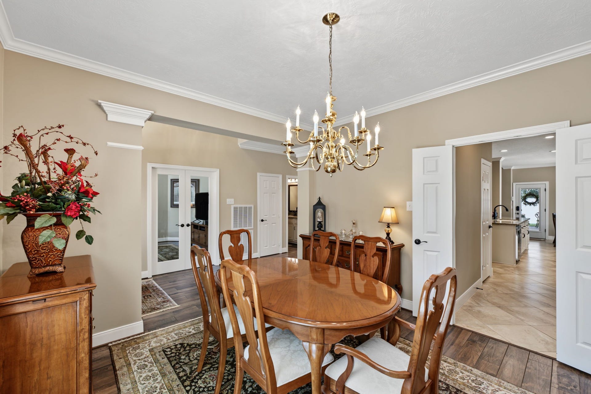 4807 Stonecrop Court, Houston, TX 77345 View from corner of Dining Room showing the connection to the Kitchen with double doors closing it off.