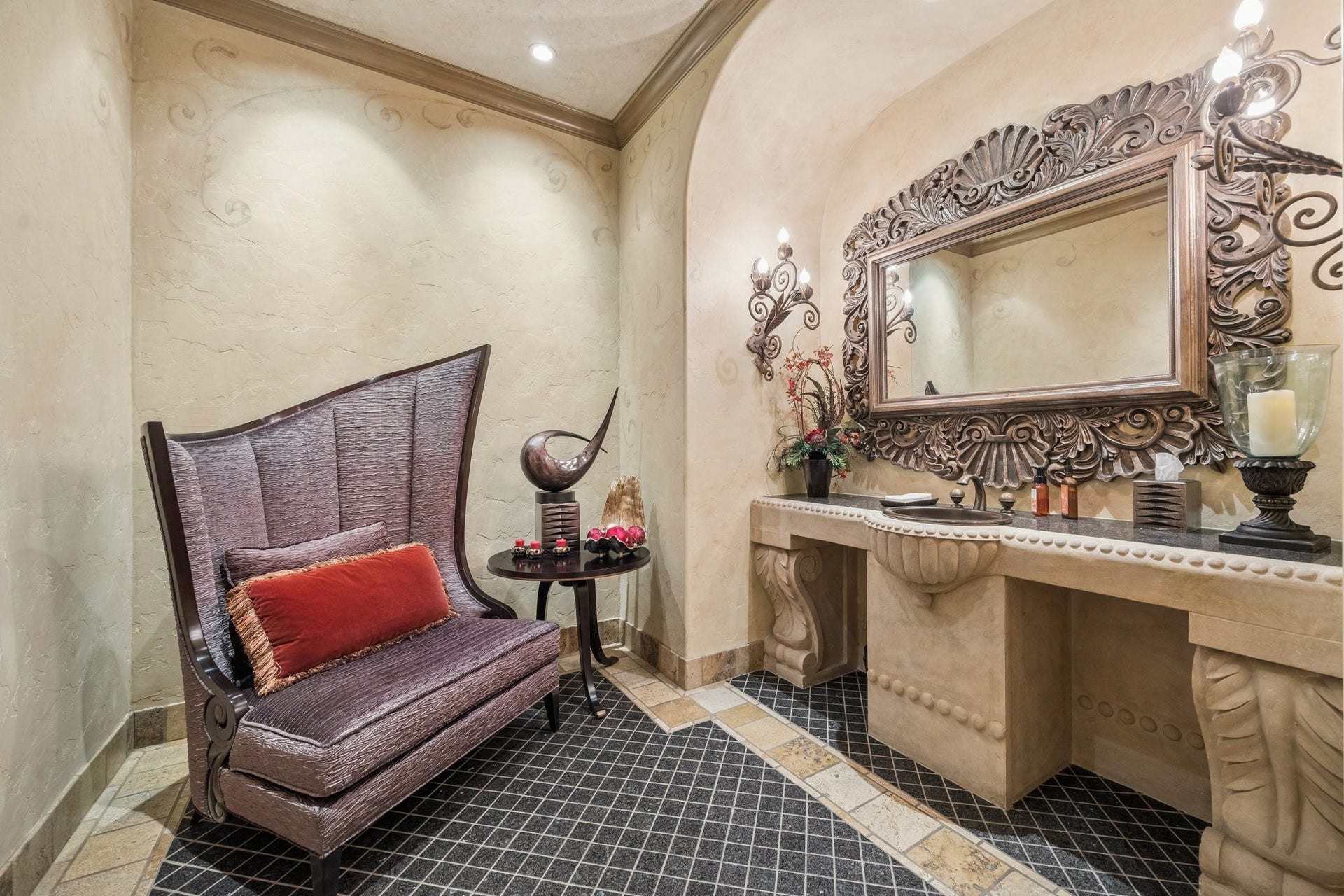 2 Lacewood Lane, Piney Point Village, TX 77024 Stylish guest powder room featuring a custom stone vanity and distinctive designer details.