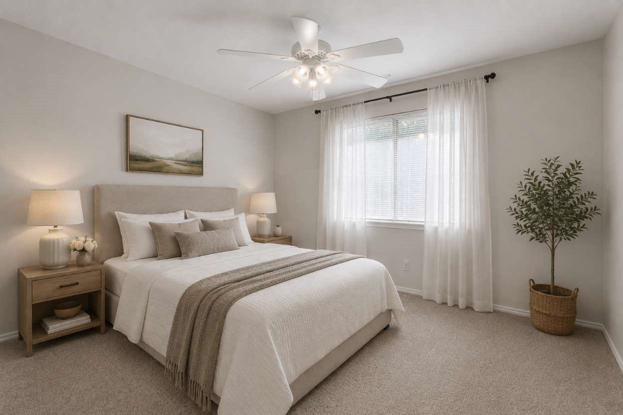1118 Wentworth Drive, Pearland, TX 77584 Soft carpet flooring and neutral walls define this secondary bedroom, featuring a large window dressed in airy white drapes that fill the space with light. A traditional ceiling fan provides comfortable cooling and illumination. The image has been virtually staged for visual purposes.