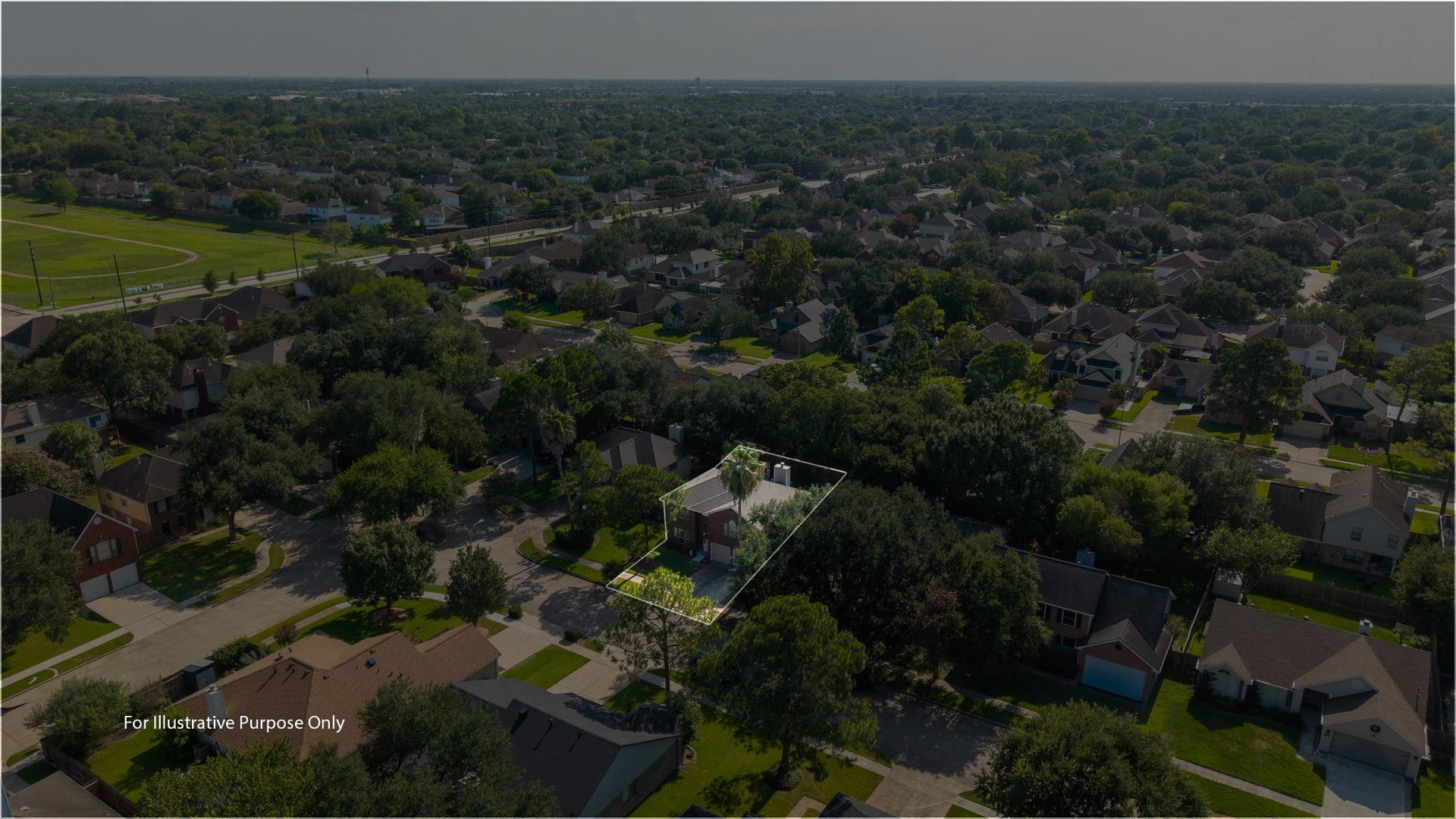 1118 Wentworth Drive, Pearland, TX 77584 High-altitude aerial shot outlines the generous property lot, highlighting the neighborhood layout surrounded by tall trees and proximity to nearby green spaces. Zoned to award-winning schools, this residence offers quick access to local shopping, dining, and an easy commute to the Medical Center.