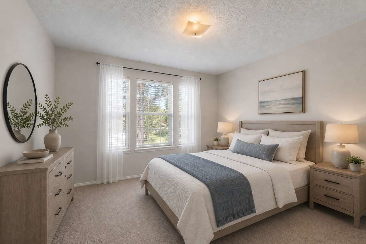 1118 Wentworth Drive, Pearland, TX 77584 Soft carpet flooring and neutral walls define this secondary bedroom, anchored by a triple window framed with airy white drapes. A matching wooden bedroom set and nightstands create a polished, cohesive atmosphere. The image has been virtually staged for visual purposes.