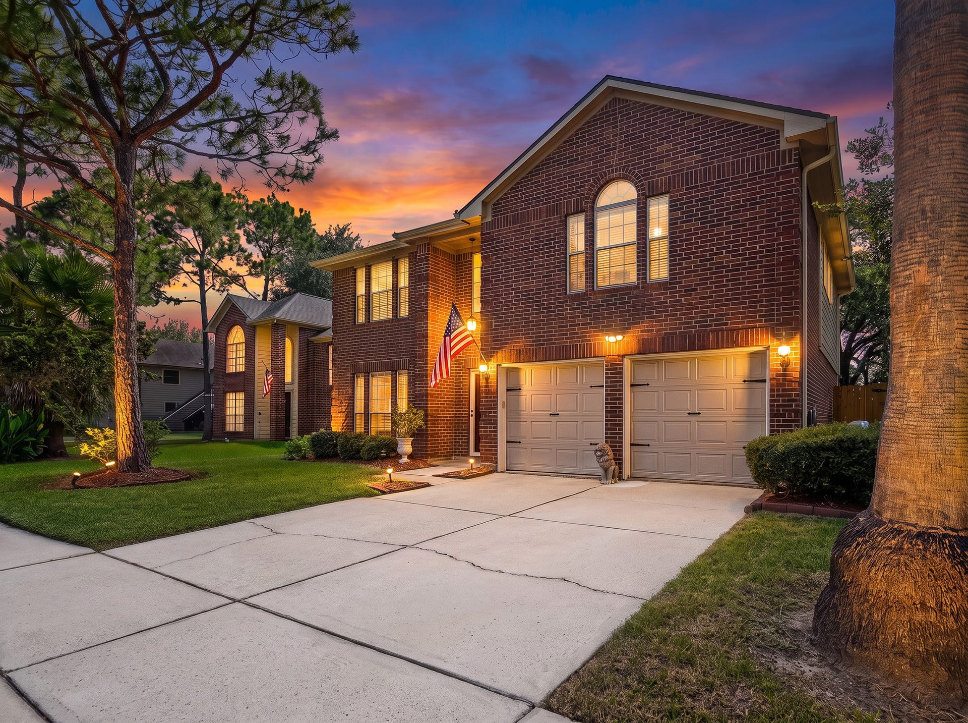 1118 Wentworth Drive, Pearland, TX 77584 A wide concrete driveway leads to the two-car attached garage of this classic two-story brick home, framed by lush front lawn landscaping and accent illumination.