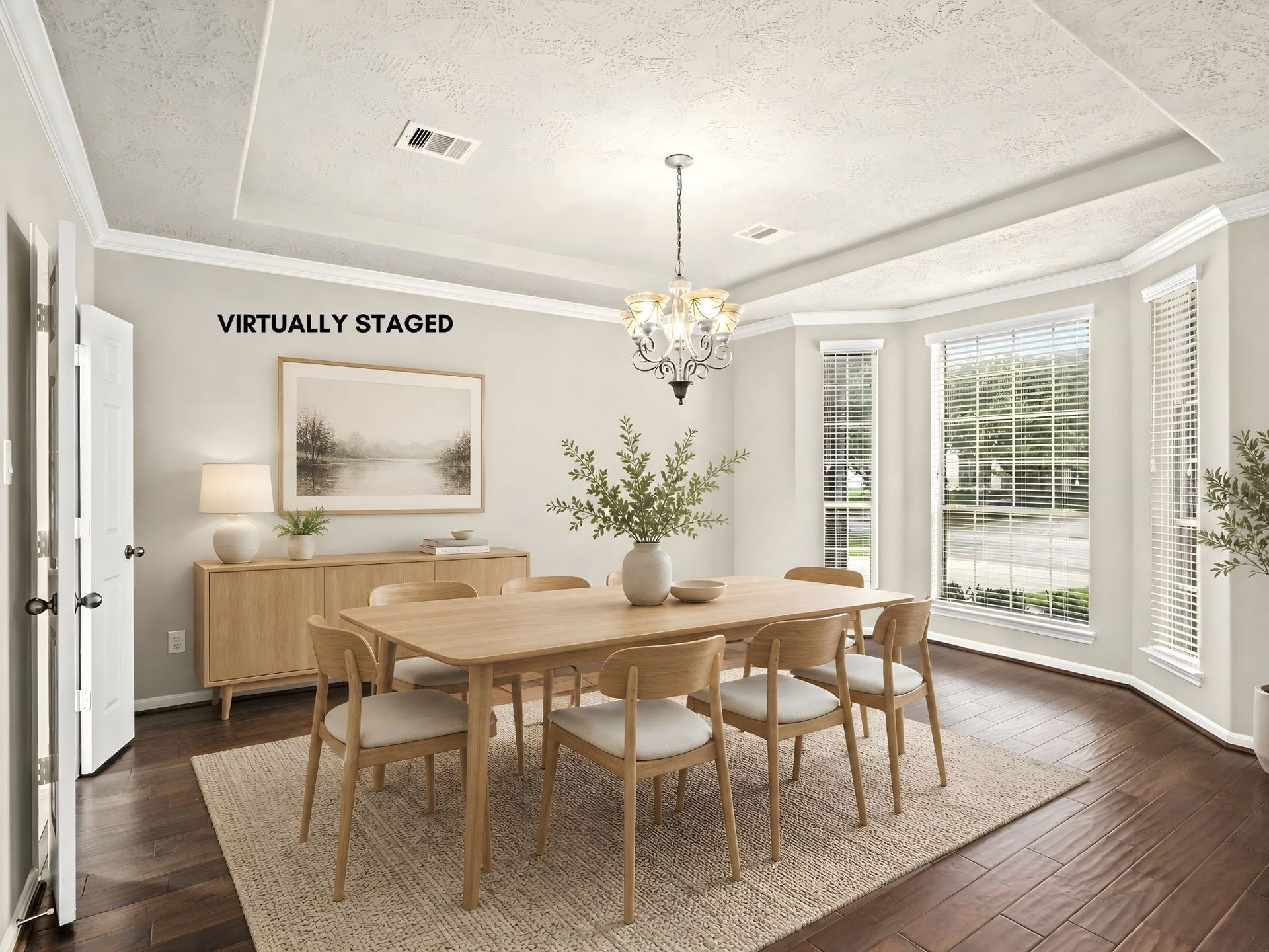 5307 Amber Sky Lane, Rosharon, TX 77583 The formal dining room is the picture of sophistication, wood flooring, abundant natural light, and refined virtually staged decor create the perfect setting for elegant gatherings.