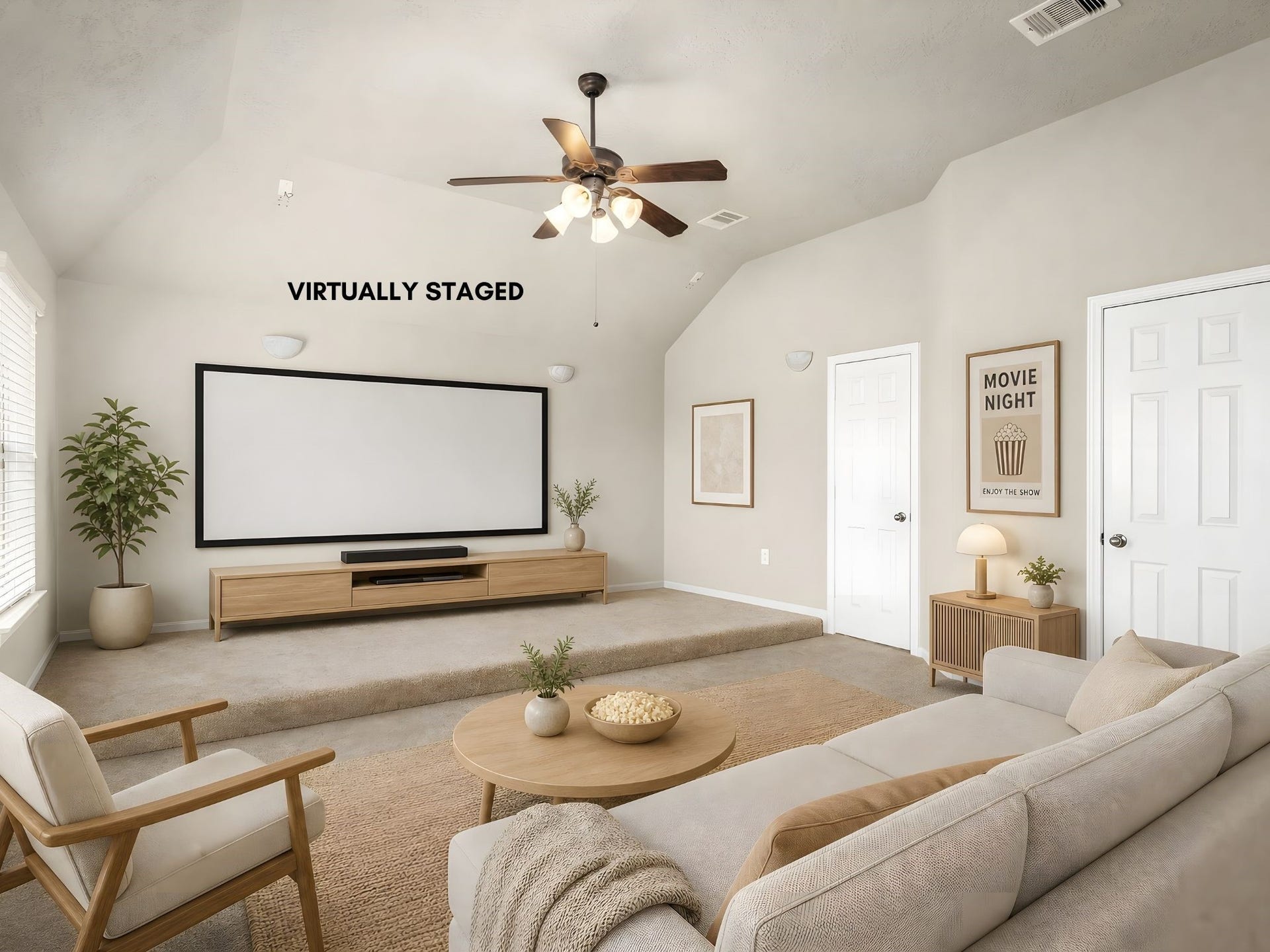 5307 Amber Sky Lane, Rosharon, TX 77583 An impressive media room complete with a walk-in closet and attached bath, virtually staged to capture its cinematic potential, the perfect private screening retreat.