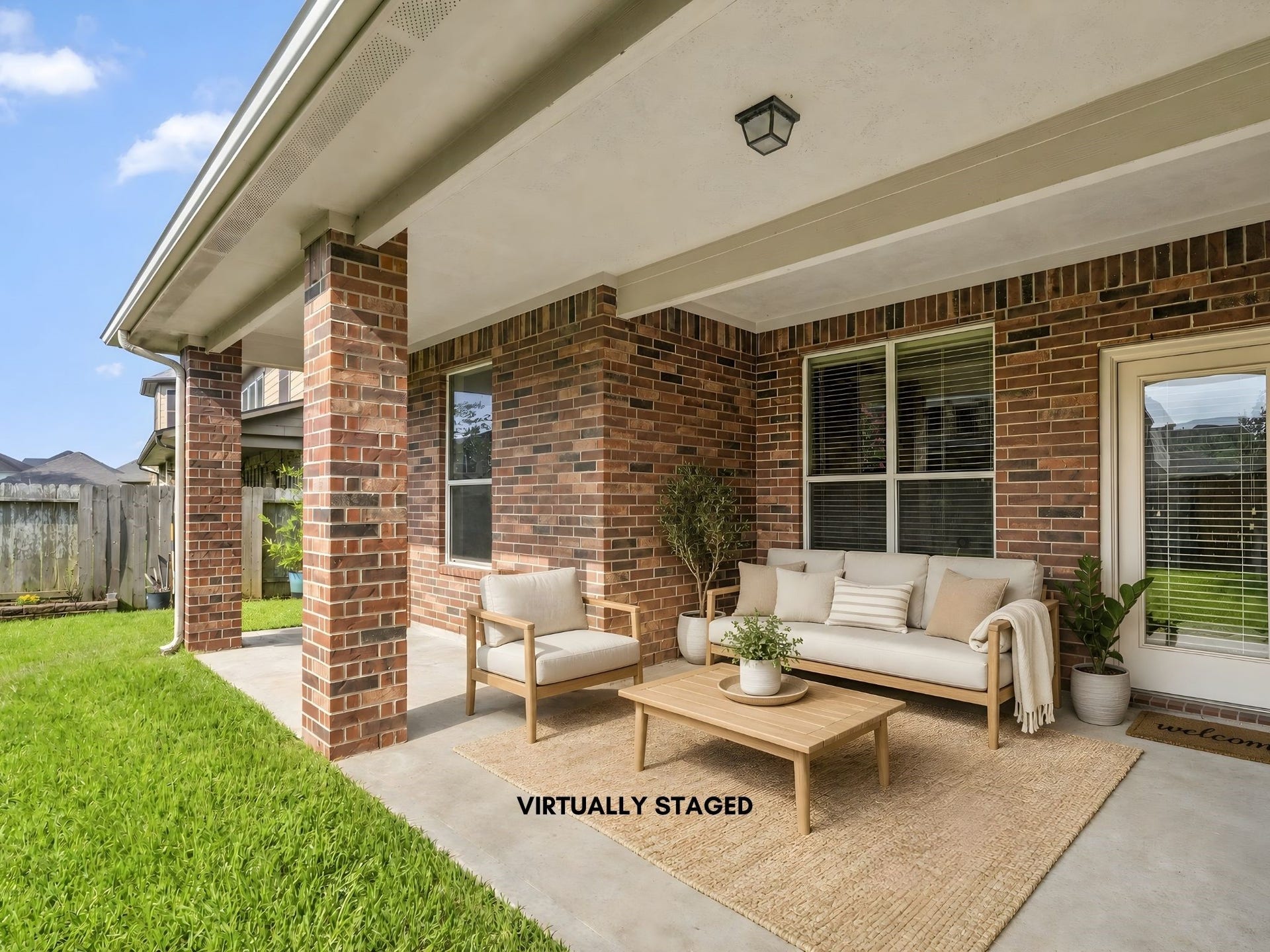 5307 Amber Sky Lane, Rosharon, TX 77583 The virtually staged covered back patio invites effortless outdoor living, perfectly positioned to overlook the expansive, beautifully landscaped backyard.