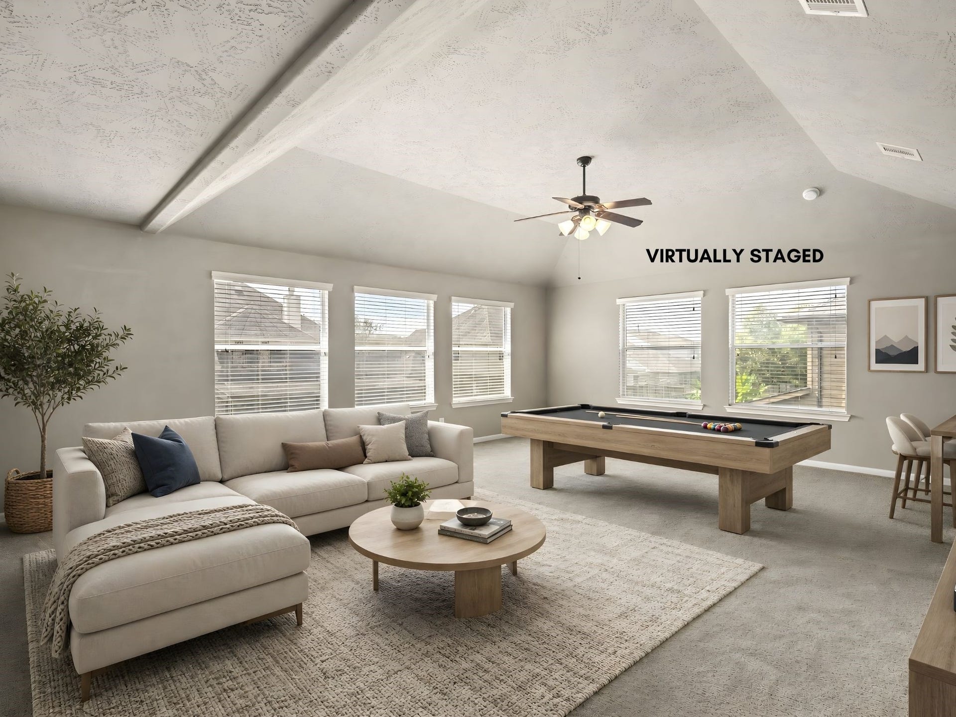 5307 Amber Sky Lane, Rosharon, TX 77583 The expansive game room offers plush carpet and abundant space, virtually staged to showcase its potential as the ultimate entertainment hub for family and friends.