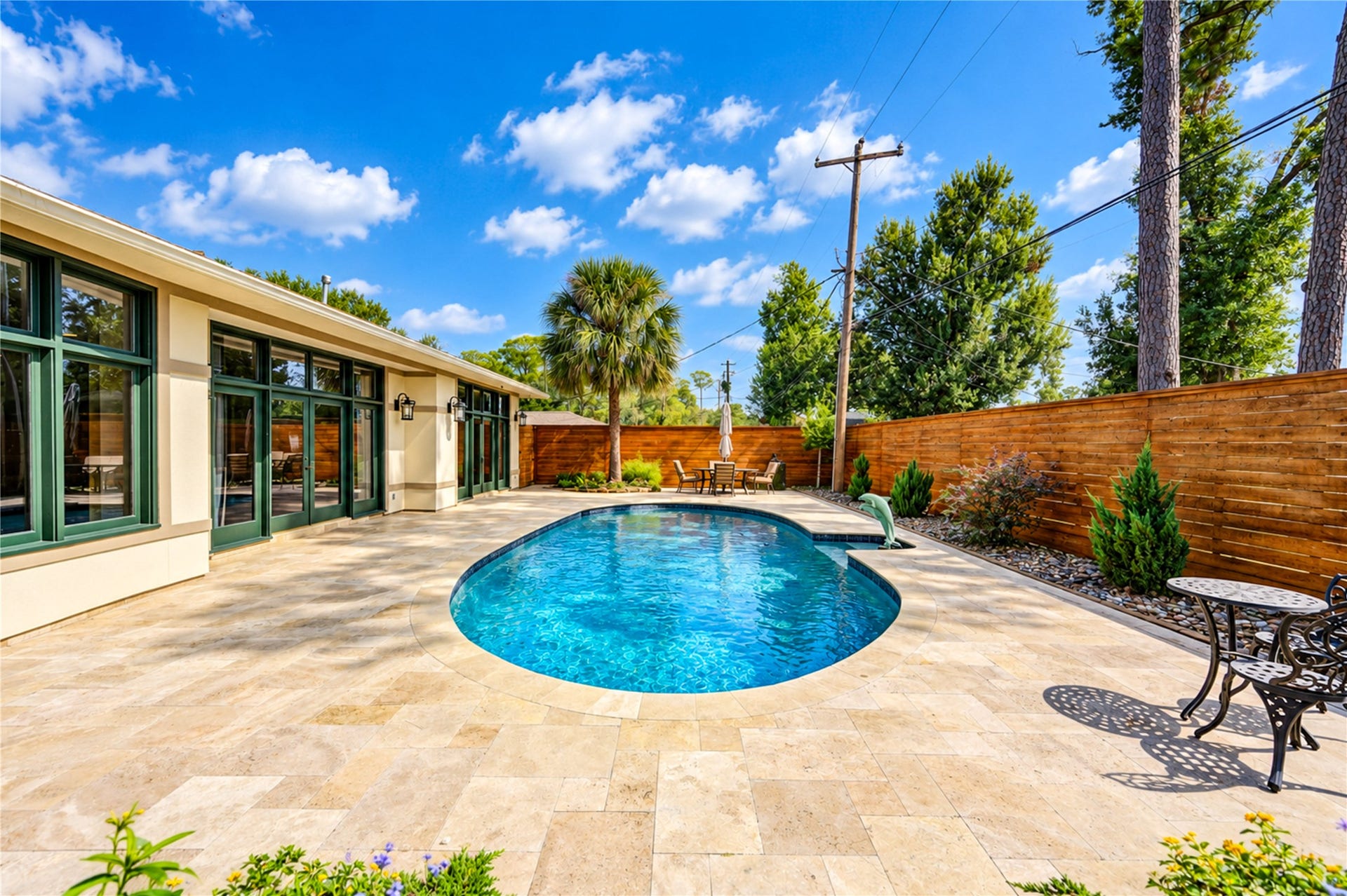 6211 Grovewood Lane, Houston, TX 77008 A travertine terrace curves around the pool along the rear of the home, with expansive wood-framed glass and French doors overlooking the water.