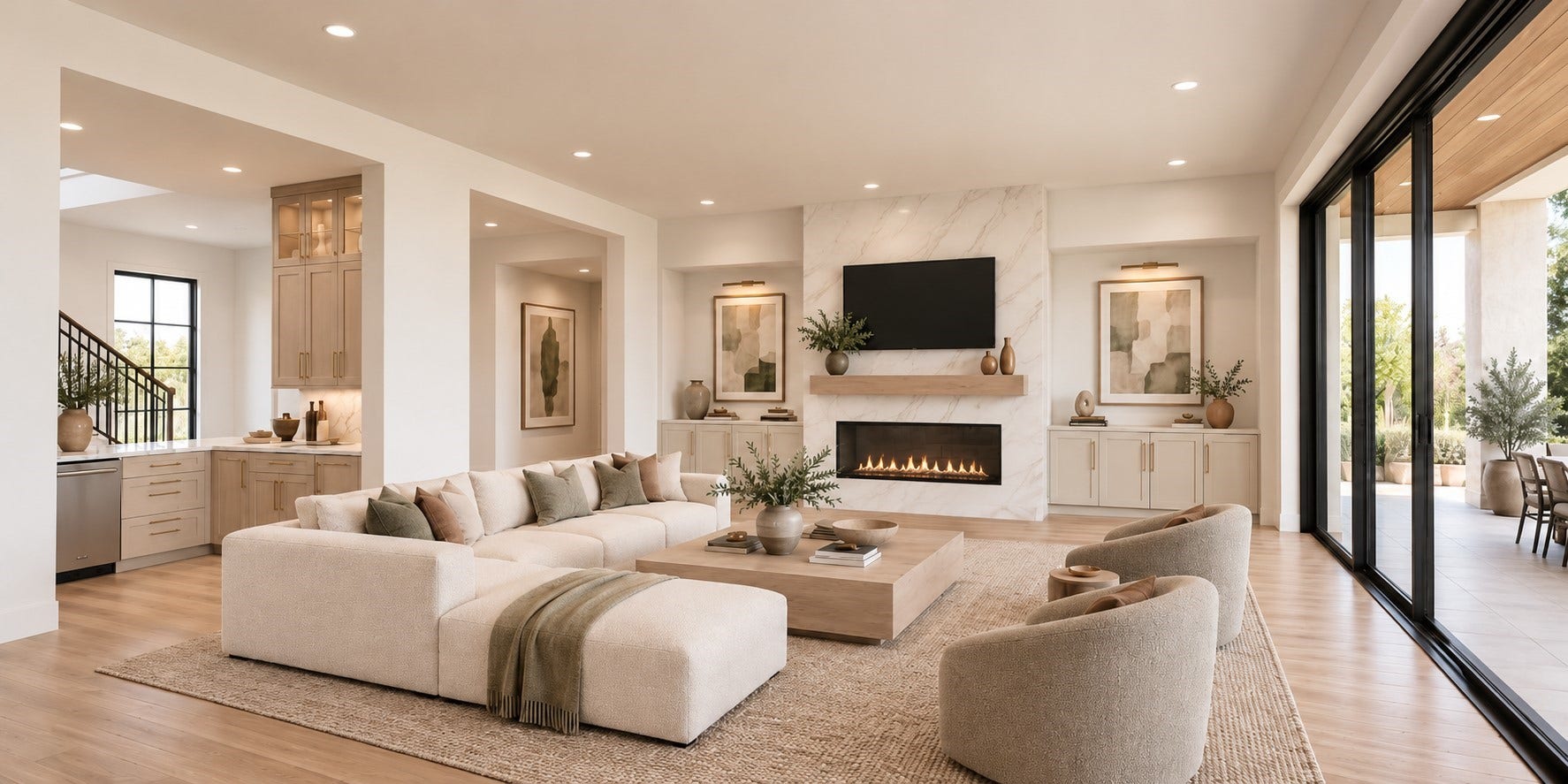The expansive family room features high ceilings , a fabulous fireplace wall with built-ins Expansive doors open to the 21X15 veranda. The wet bar is open to the entry and family room. (Rendering)
