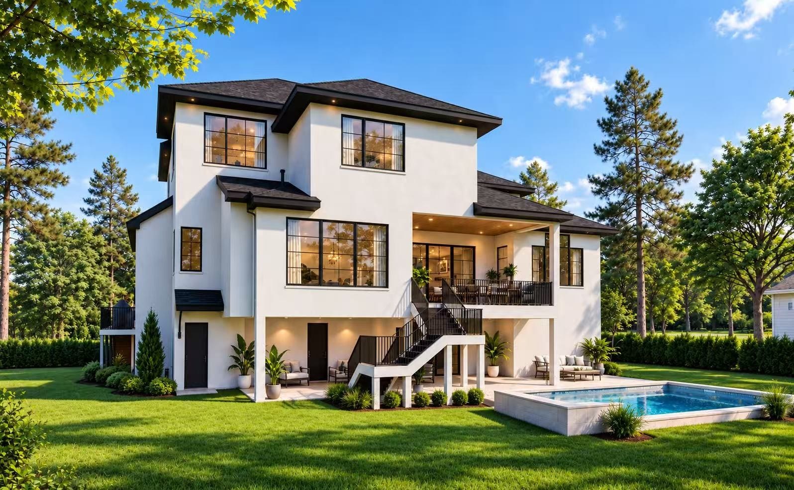 This rendering of the back yard shows a rendering of a pool that can be added at Buyer's option.