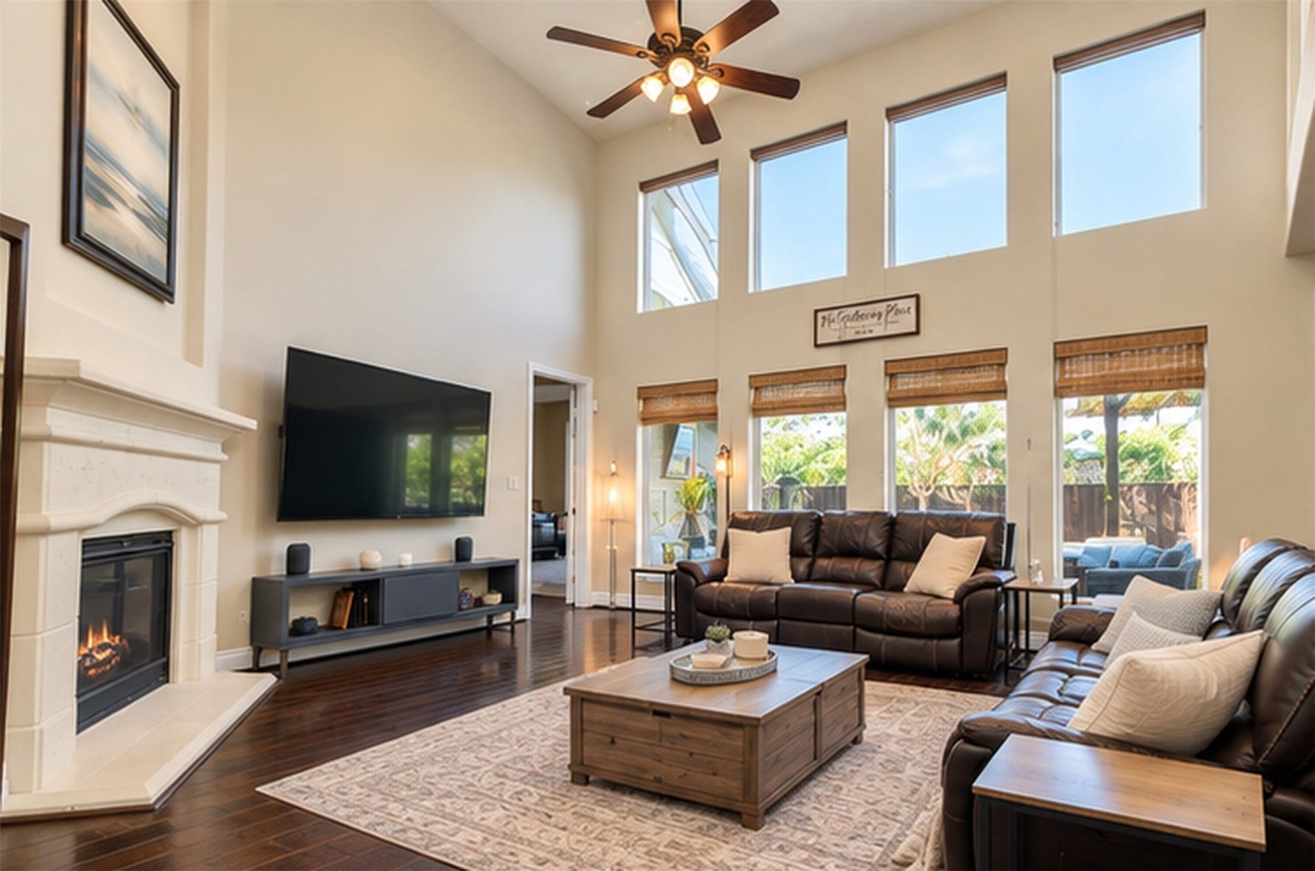 9723 Painted Stone Court, Cypress, TX 77433 The family room is filled with natural light from numerous windows and offers a stunning view of the pool area, complete with stylish window coverings.