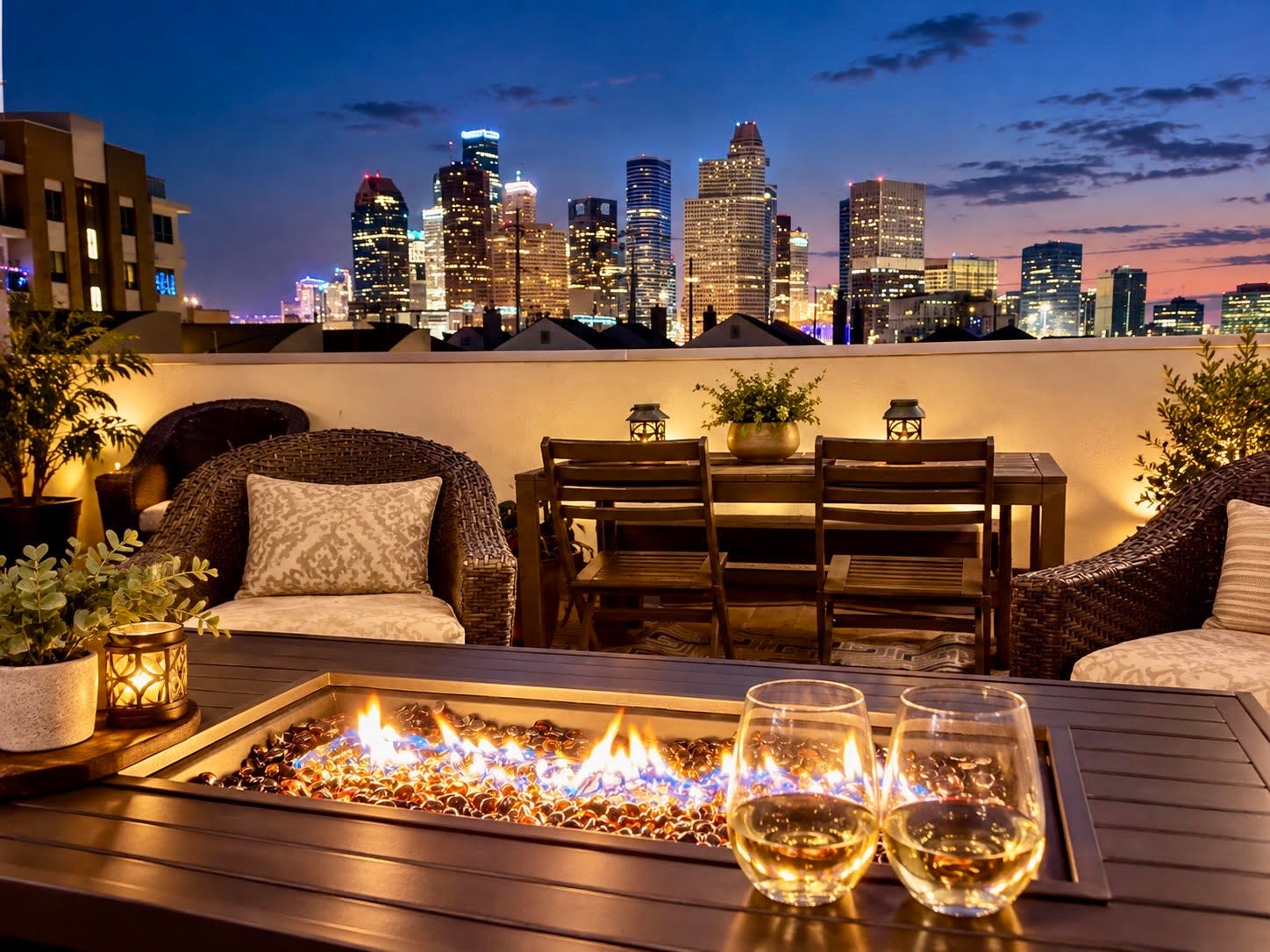 Picture yourself pouring a glass of wine by the glow of the built-in fire table as dusk settles, taking in unobstructed, front-row panoramic views of the illuminated downtown skyline. With ample room for cozy lounge seating and al fresco dining, this elevated haven offers an intimate retreat right above the energy of the city.