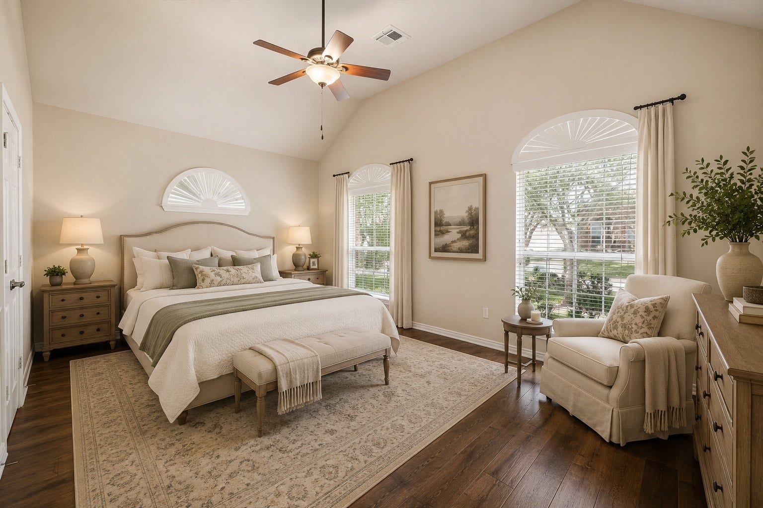 Virtually staged to showcase the spacious primary suite, featuring engineered hardwood flooring, high ceilings, abundant natural light, and plenty of room for a king-size bed and additional seating to create a relaxing private retreat.