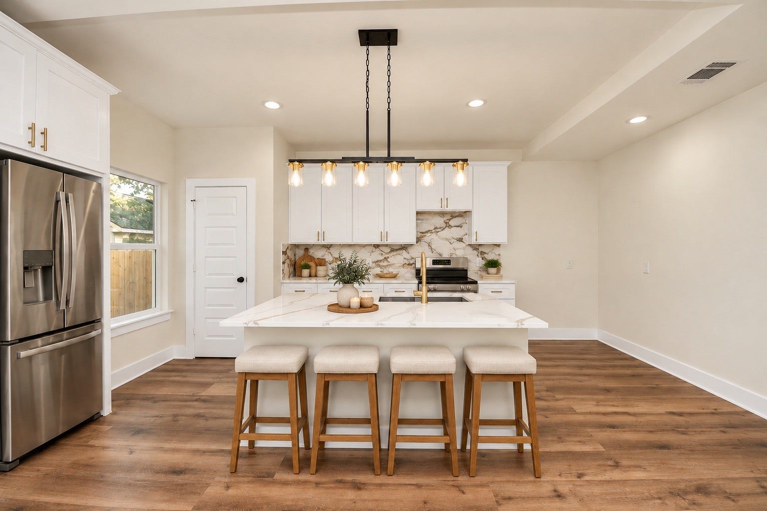 6677 Nielan Street, Houston, TX 77028 Beautifully appointed kitchen featuring quartz countertops, white soft-close cabinetry, stainless steel appliances, stylish pendant lighting & a generously sized center island with bar seating.