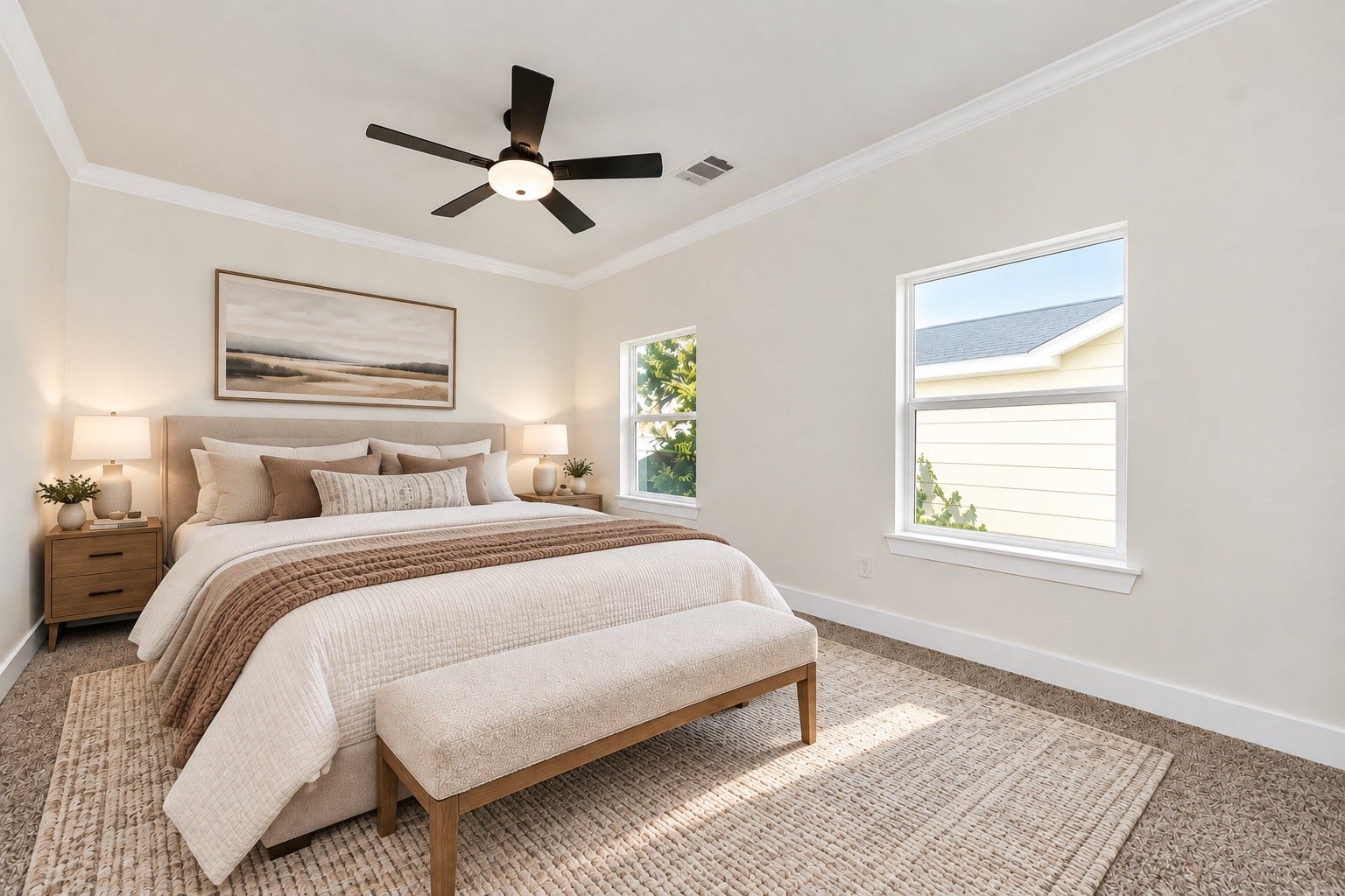 6677 Nielan Street, Houston, TX 77028 Spacious upstairs primary suite featuring an elegant tray ceiling, crown molding, ceiling fan, plush carpeting & large windows providing plenty of natural light | Virtually staged