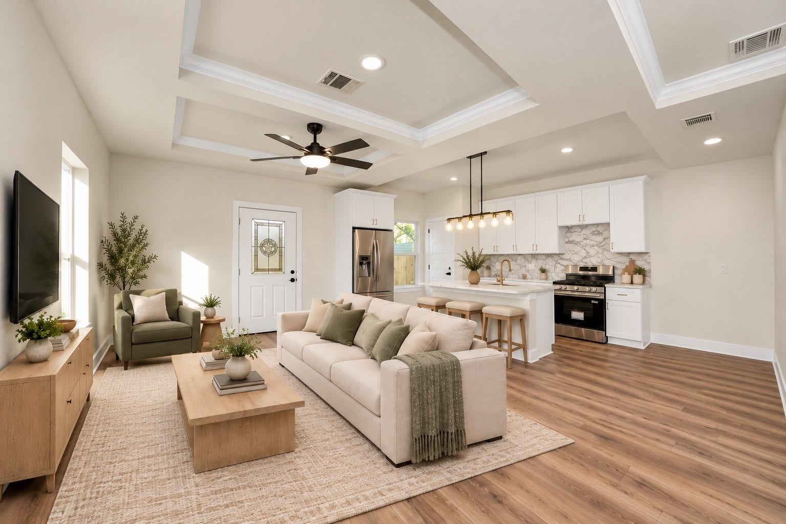 6677 Nielan Street, Houston, TX 77028 Inviting living room featuring elegant tray ceilings, recessed lighting, ceiling fan, large windows & an open layout designed for comfortable everyday living | Virtually staged