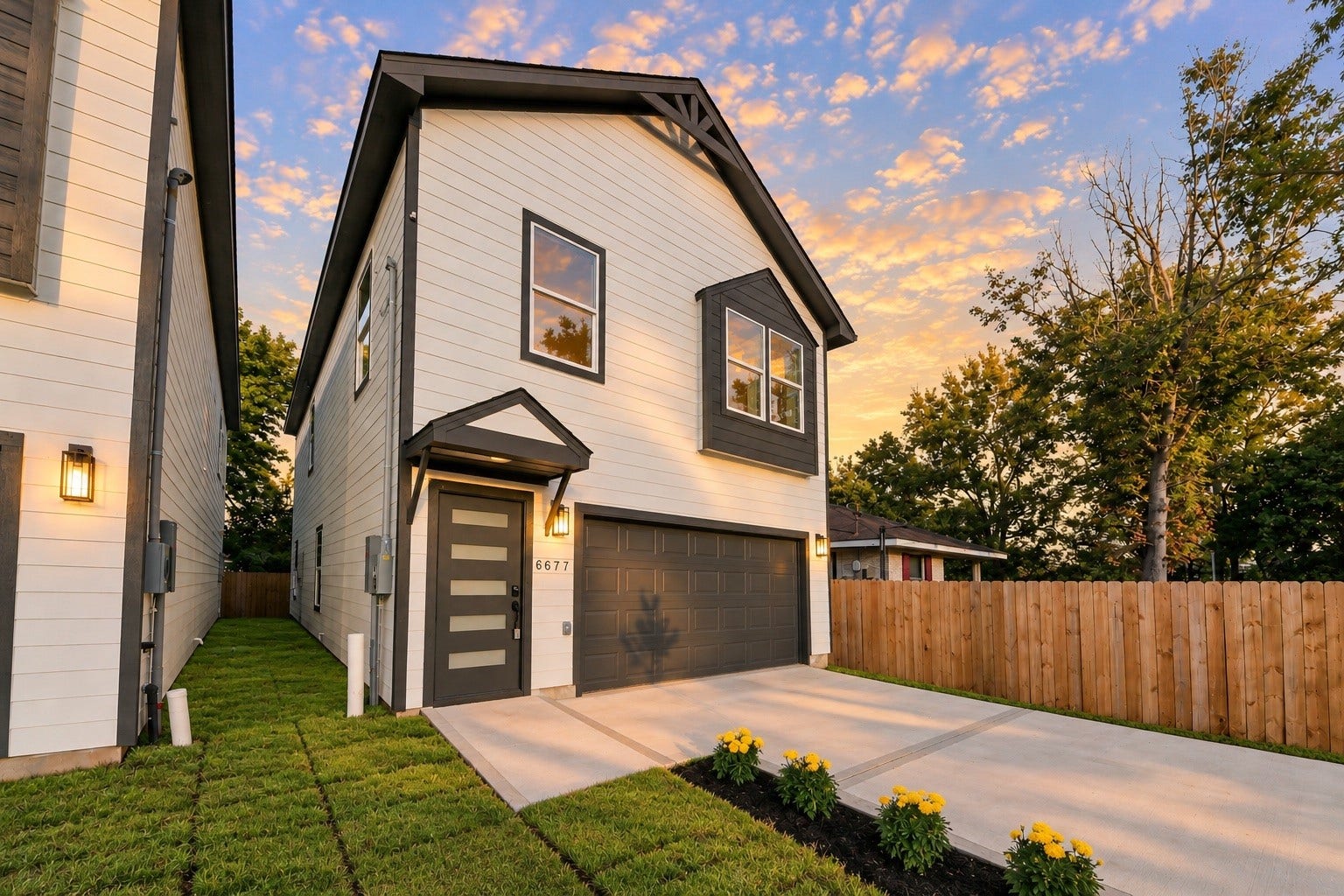 6677 Nielan Street, Houston, TX 77028 Beautiful front elevation showcasing the home's modern design, decorative exterior accents, covered entry, contemporary front door & spacious 2-car garage.