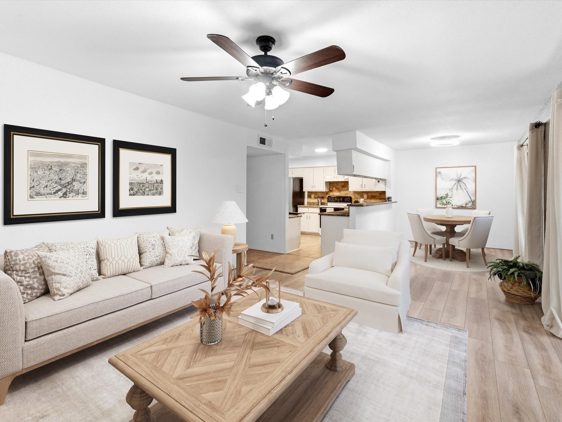 Virtually staged to highlight the living room's potential for relaxing and entertaining.