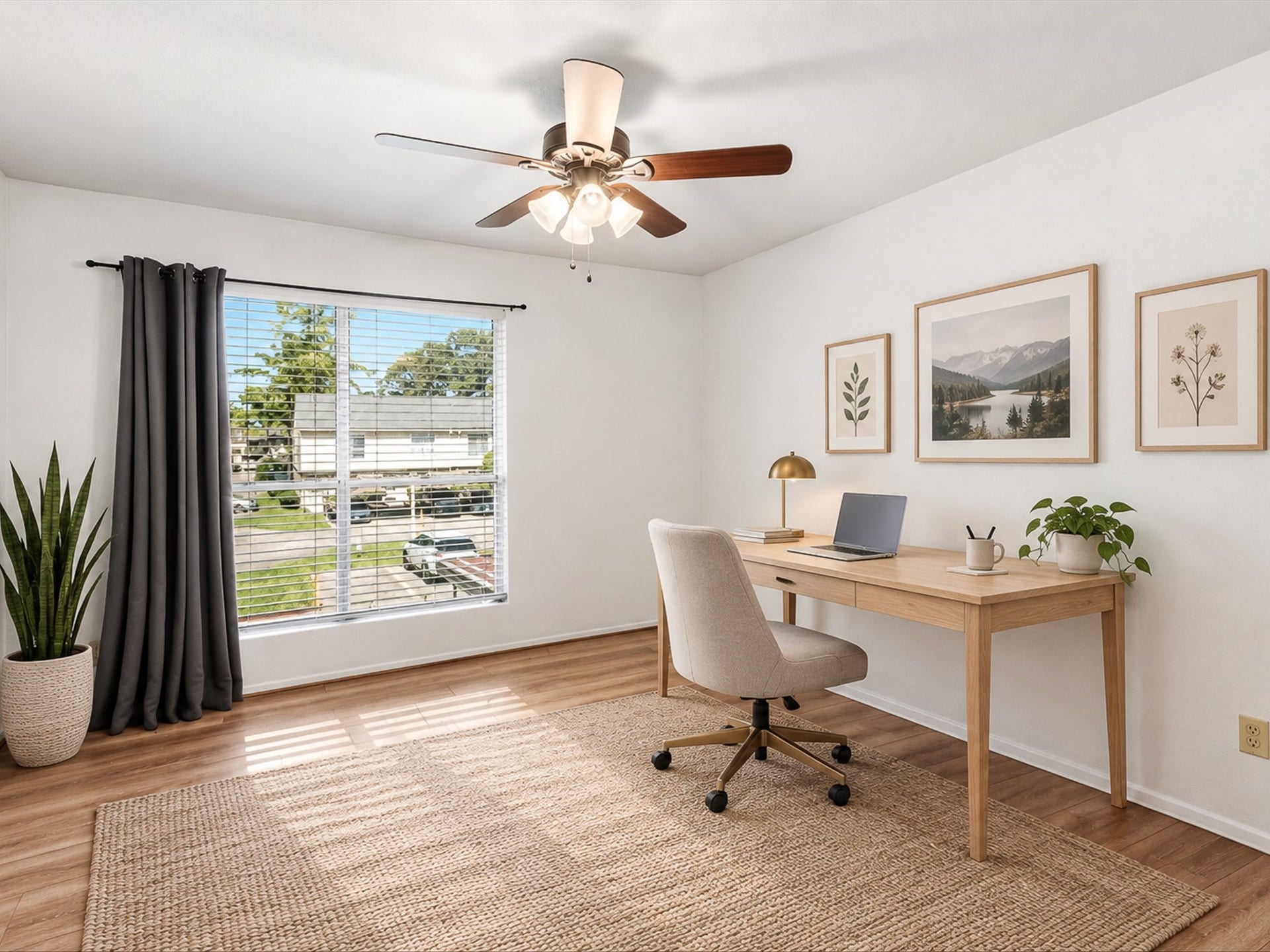 Virtually staged bedroom showing its potential as a home office or study space.