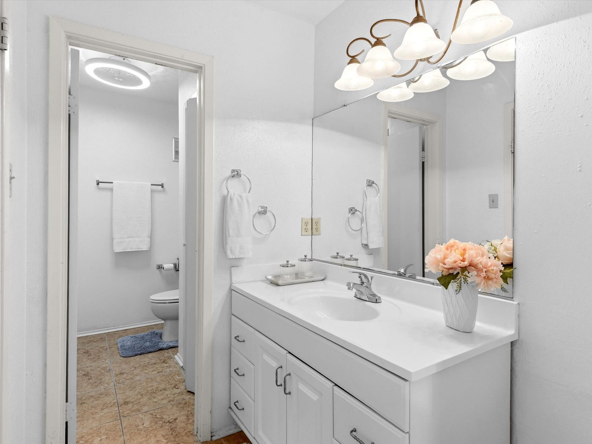 Bathroom featuring a spacious vanity, large mirror, and bright lighting.