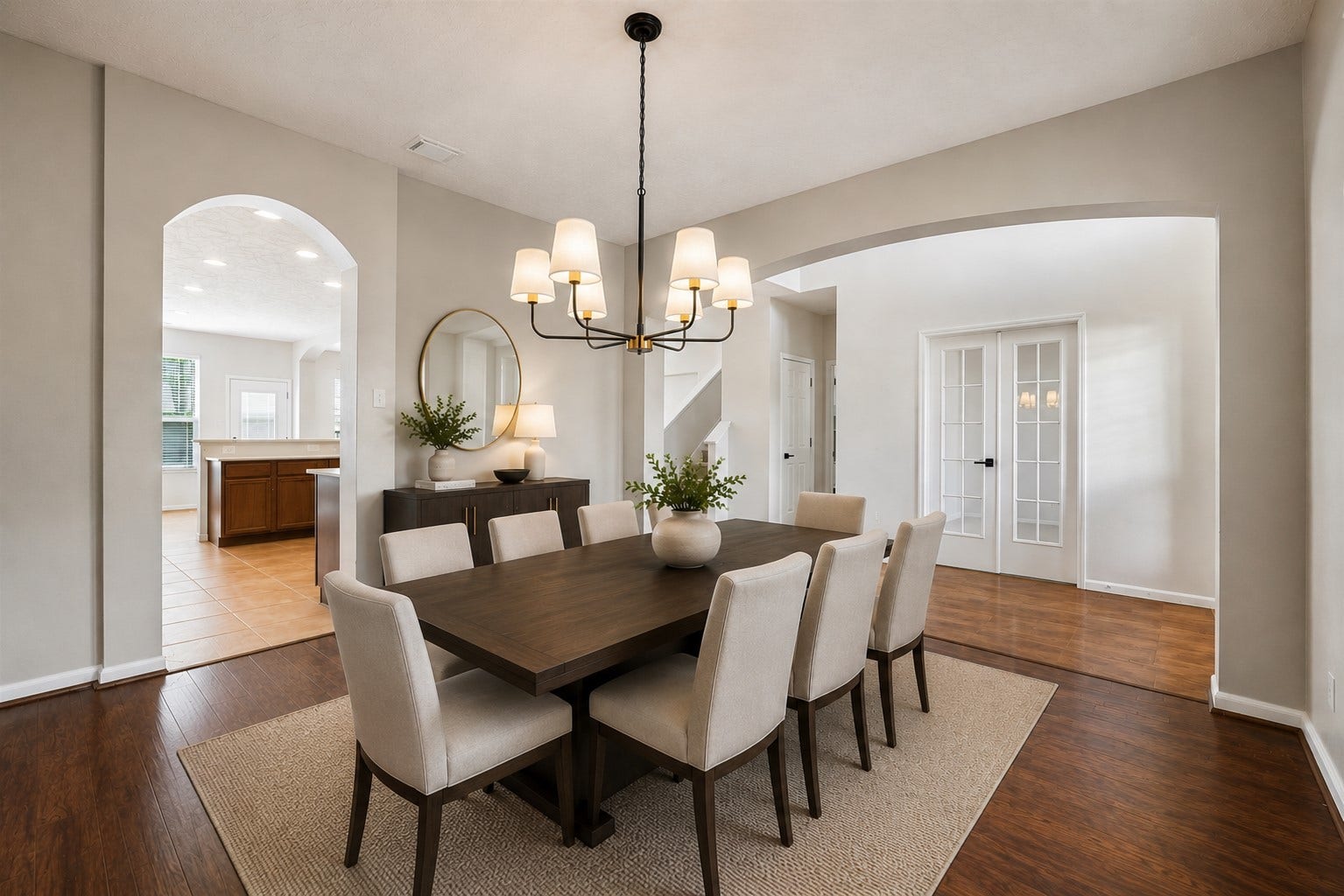 8126 BUFFALO SPRINGS COURT, Sugar Land, TX 77479 AN ADDITIONAL VIEW OF THE FORMAL DINING SPACE HIGHLIGHTS THE WIDE ARCHWAYS AND OPEN CONNECTION TO THE FOYER AND KITCHEN.