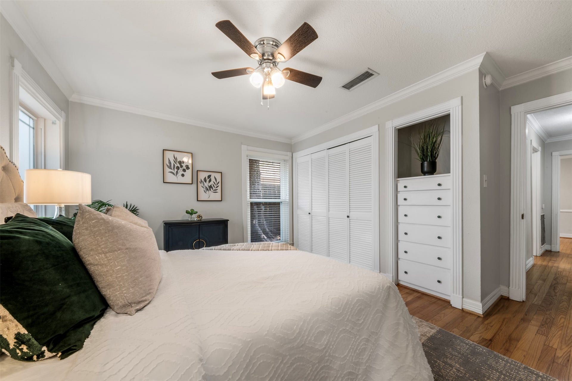 Built in drawers and a generous closet accompany this space.