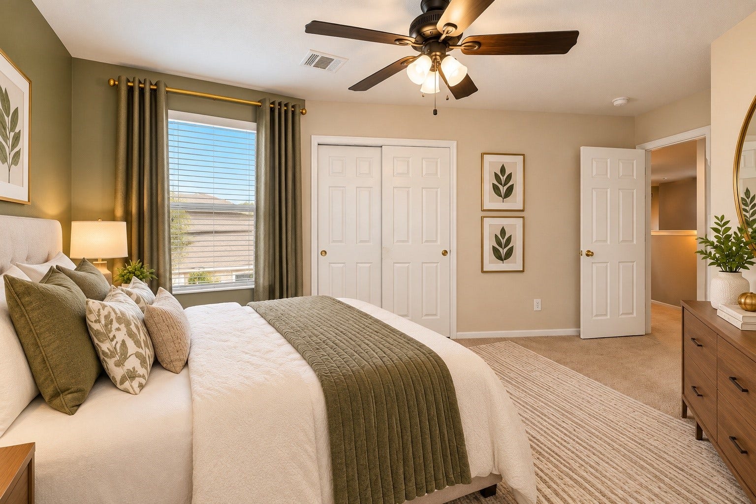 2114 Bishop Hollow Lane, Rosenberg, TX 77471 Spacious secondary bedroom with neutral walls, and a modern ceiling fan.