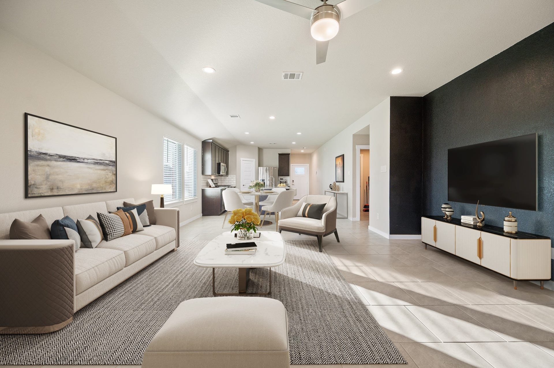 Virtual staging: spacious living room opening to the gorgeous kitchen.