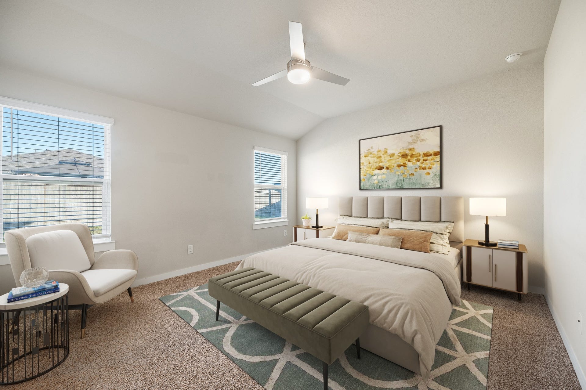 Virtual staging: primary suite with high ceiling, overlooking the relaxing green backyard.