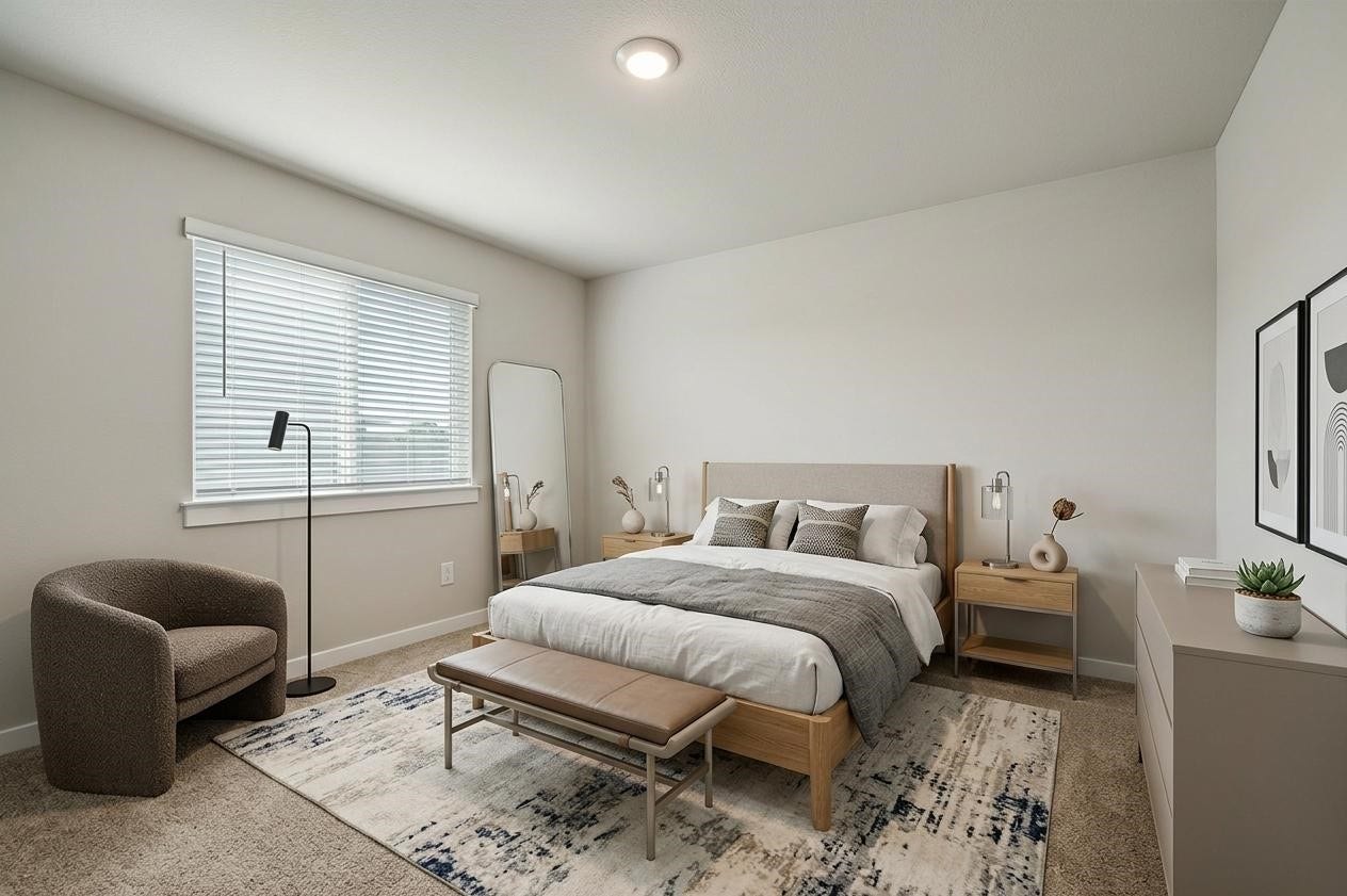 Virtual Staging- Experience modern elegance in Bedroom #3, featuring a cozy bed, chic decor, and abundant natural light for a serene retreat.