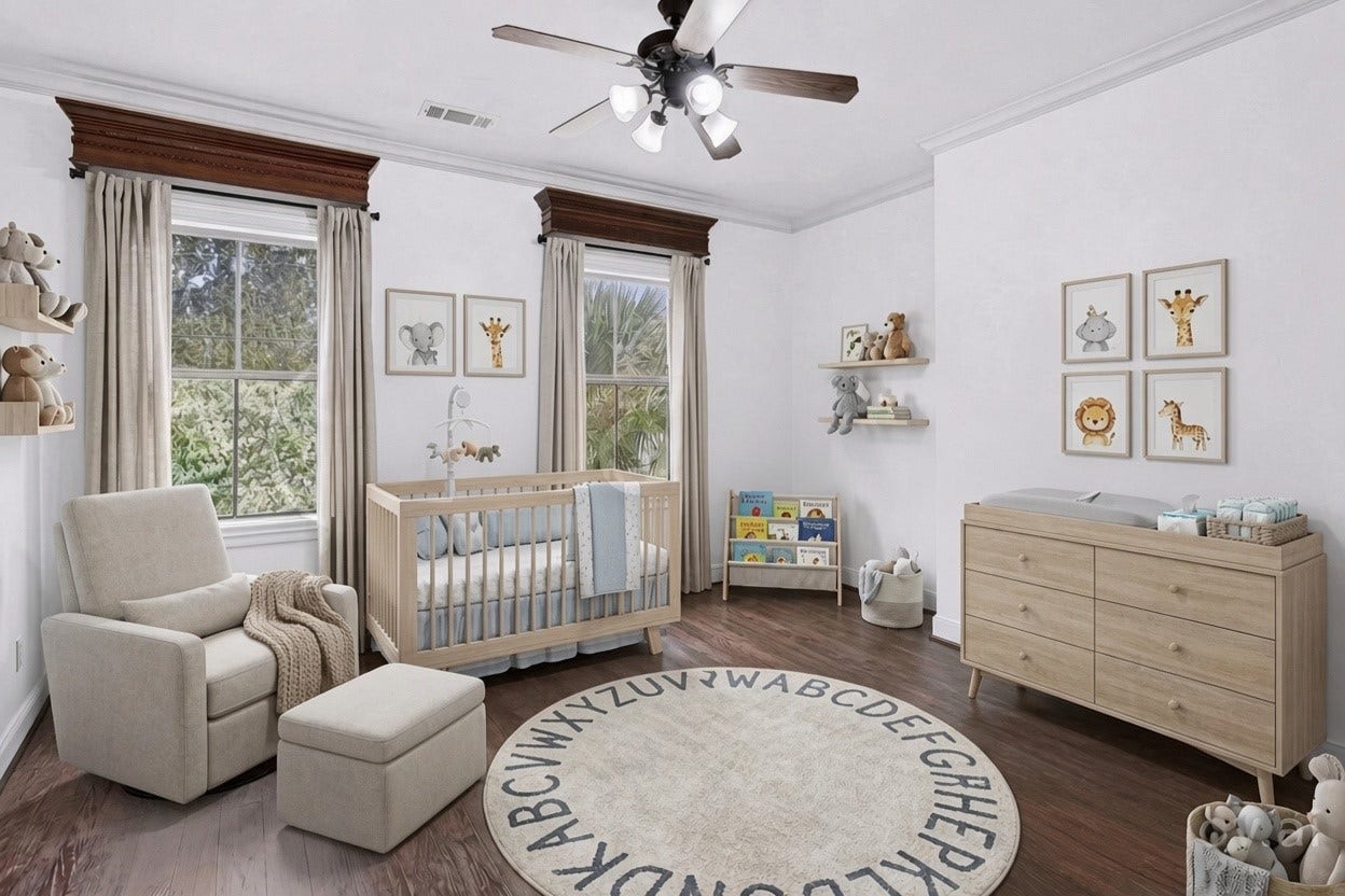 This secondary bedroom is imagined as a charming nursery with a cozy armchair, soft neutral tones, and whimsical animal accents, featuring a stylish crib and ample natural light. *Photo is virtually staged*