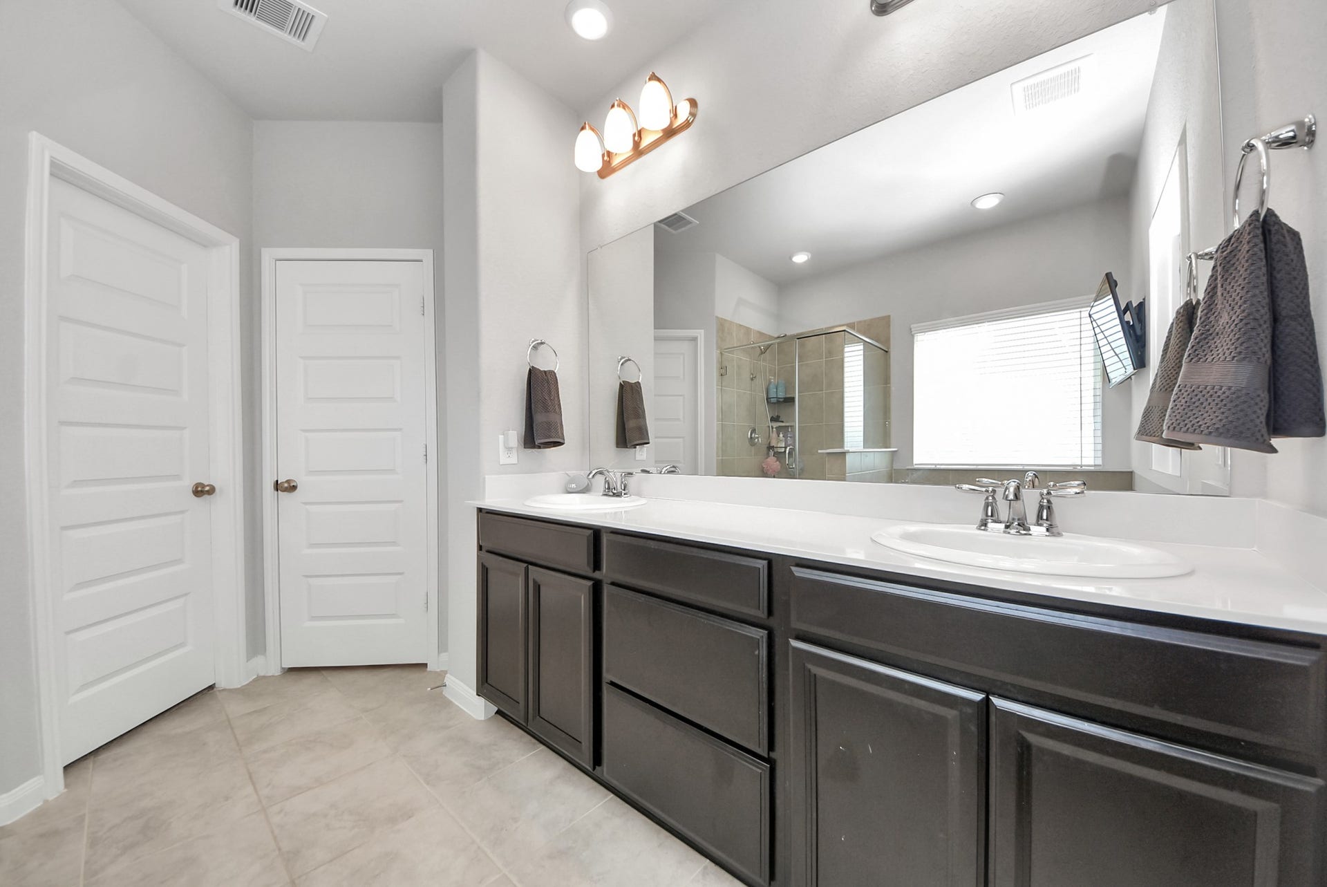 930 Pismo Lane, Rosharon, TX 77583 Double vanity in primary bath is well-lit. Spacious walk in closet and separate toilet room for privacy.