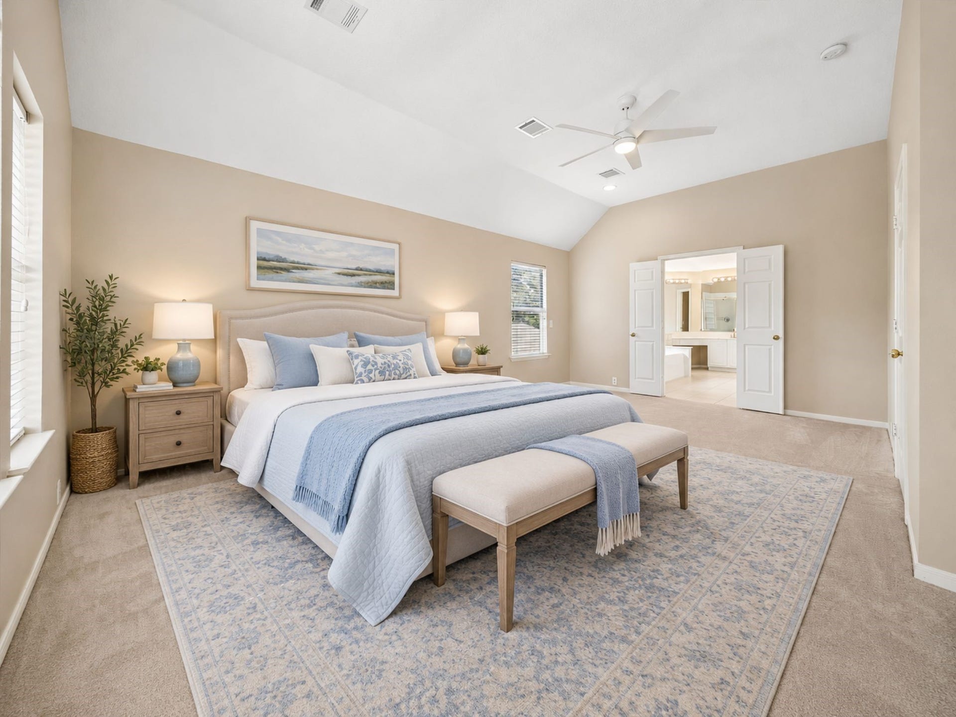 7614 BROKEN OAK LANE, Sugar Land, TX 77479 The UPSTAIRS PRIMARY BEDROOM offers room to spread out beneath a high ceiling, with natural light and a ceiling fan adding comfort. **Virtually Staged.