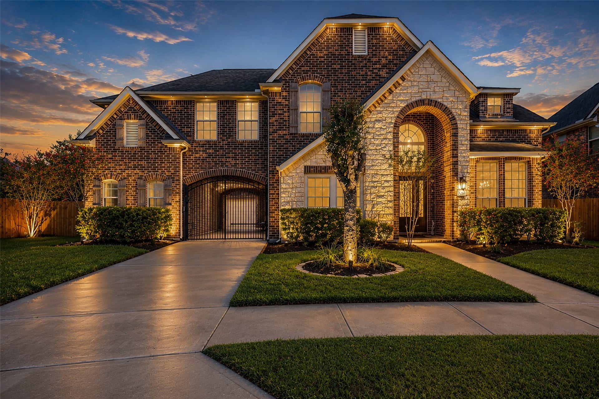 Twilight elegance unfolds across this impressive two-story brick residence, highlighted by refined stone accents, a grand arched entry & gated driveway.