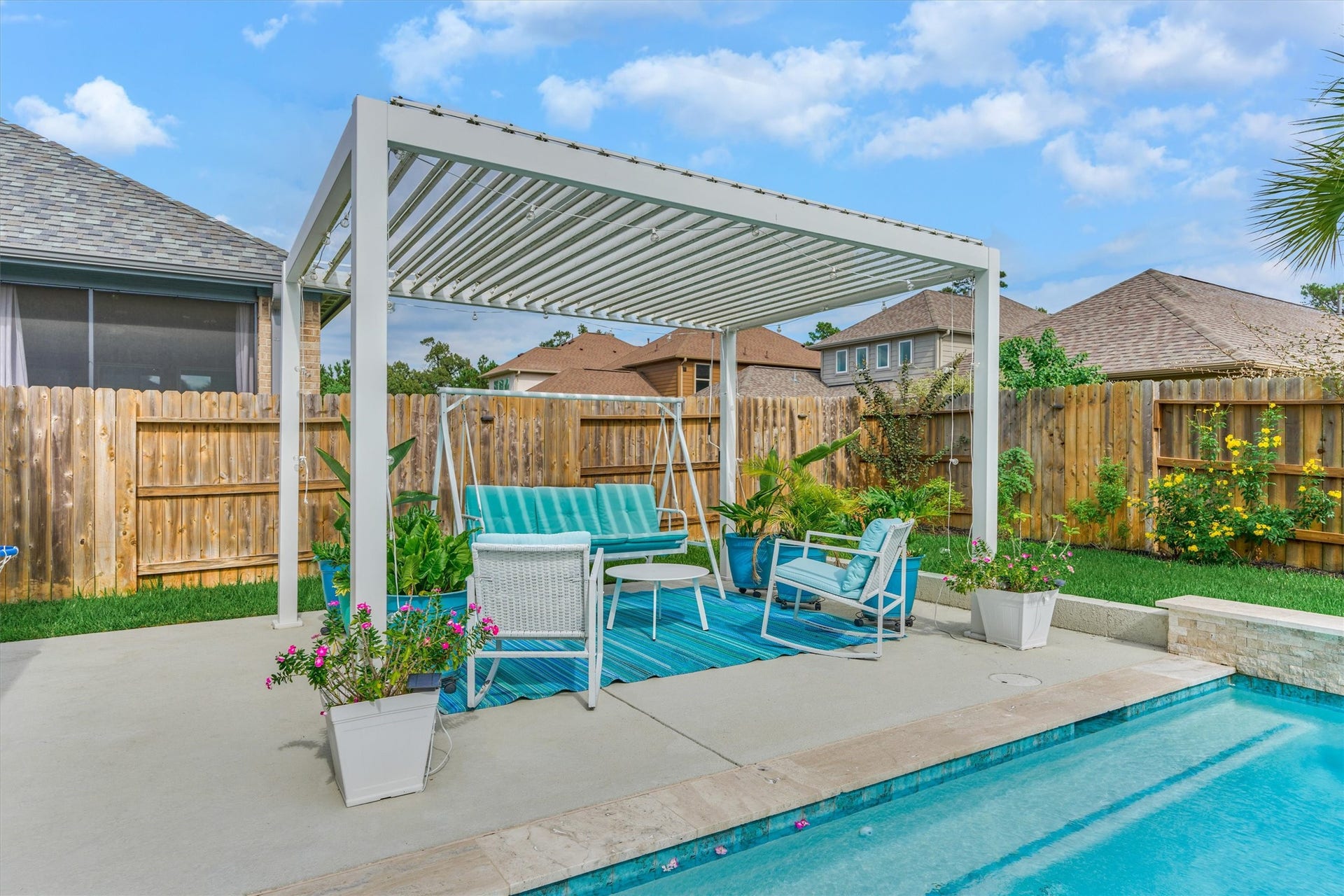 Swing your cares away on under the pergola.